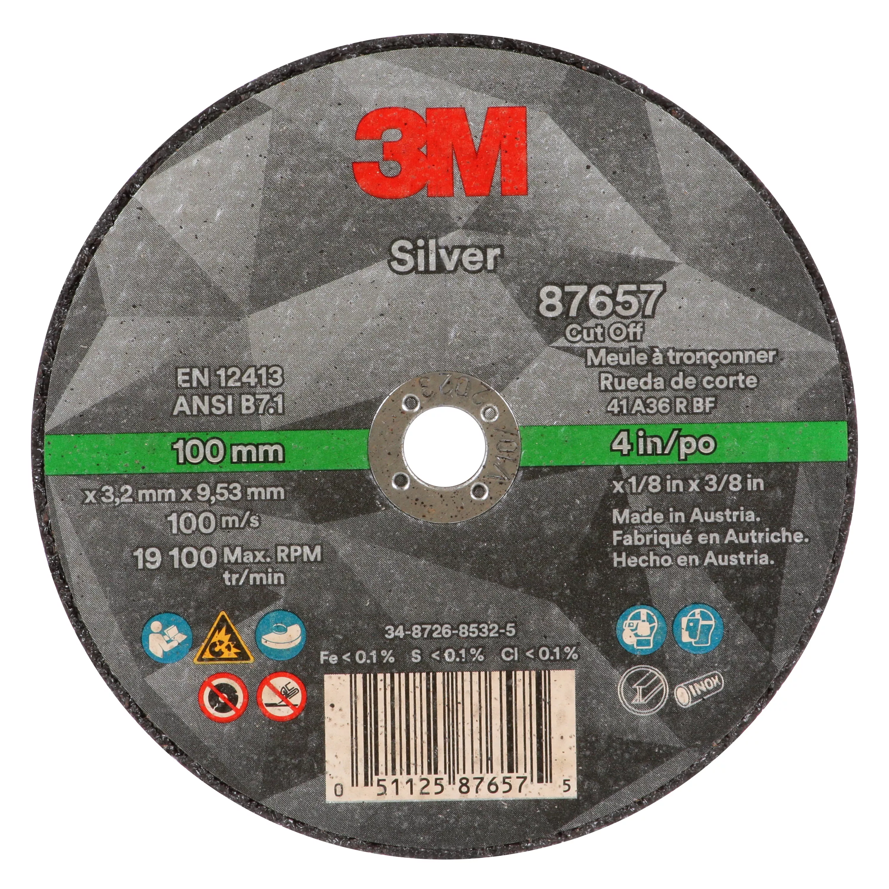 3M™ Silver Cut-Off Wheel, 87657, Type 1, 4 in x 1/8 in x 3/8 in, 50
ea/Case