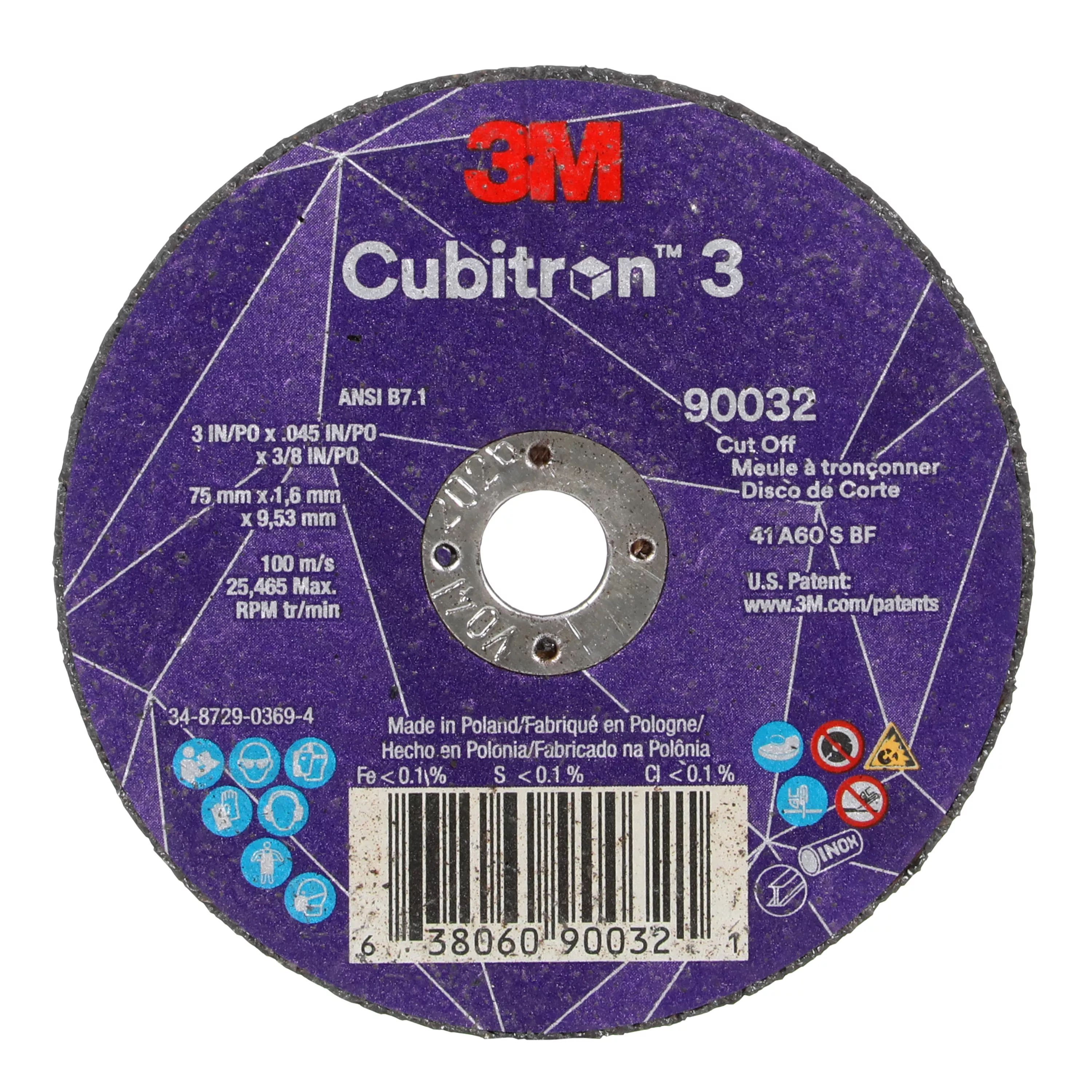 3M™ Cubitron™ 3 Cut-Off Wheel, 90032, 60+, T1, 3 in x 0.045 in x 3/8 in
(75 x 1.6 x 9.53 mm), ANSI, 25/Pack, 50 ea/Case
