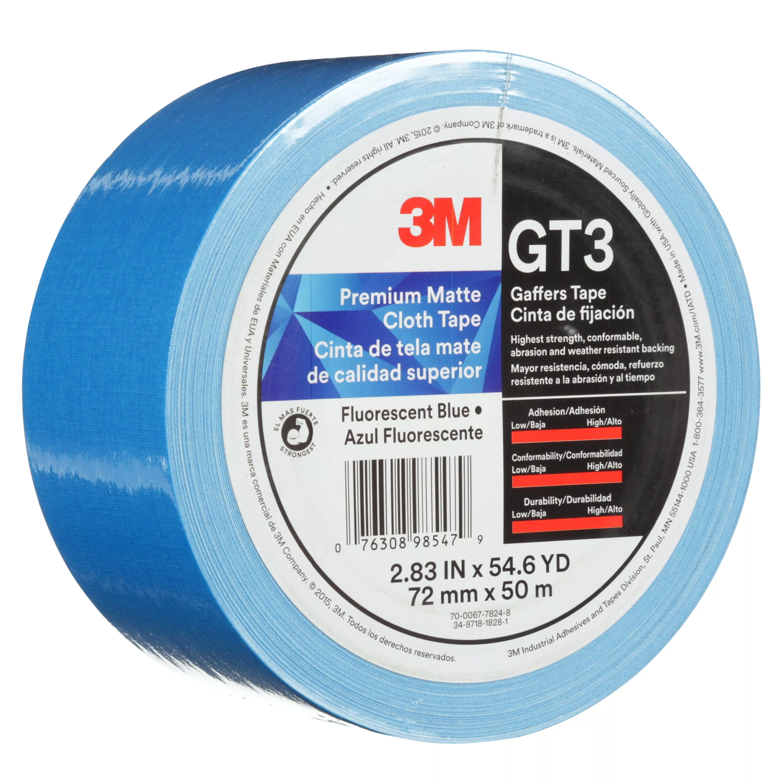 3M™ Premium Matte Cloth (Gaffers) Tape GT3, Fluorescent Blue, 72 mm x 50
m, 11 mil, 16/Case