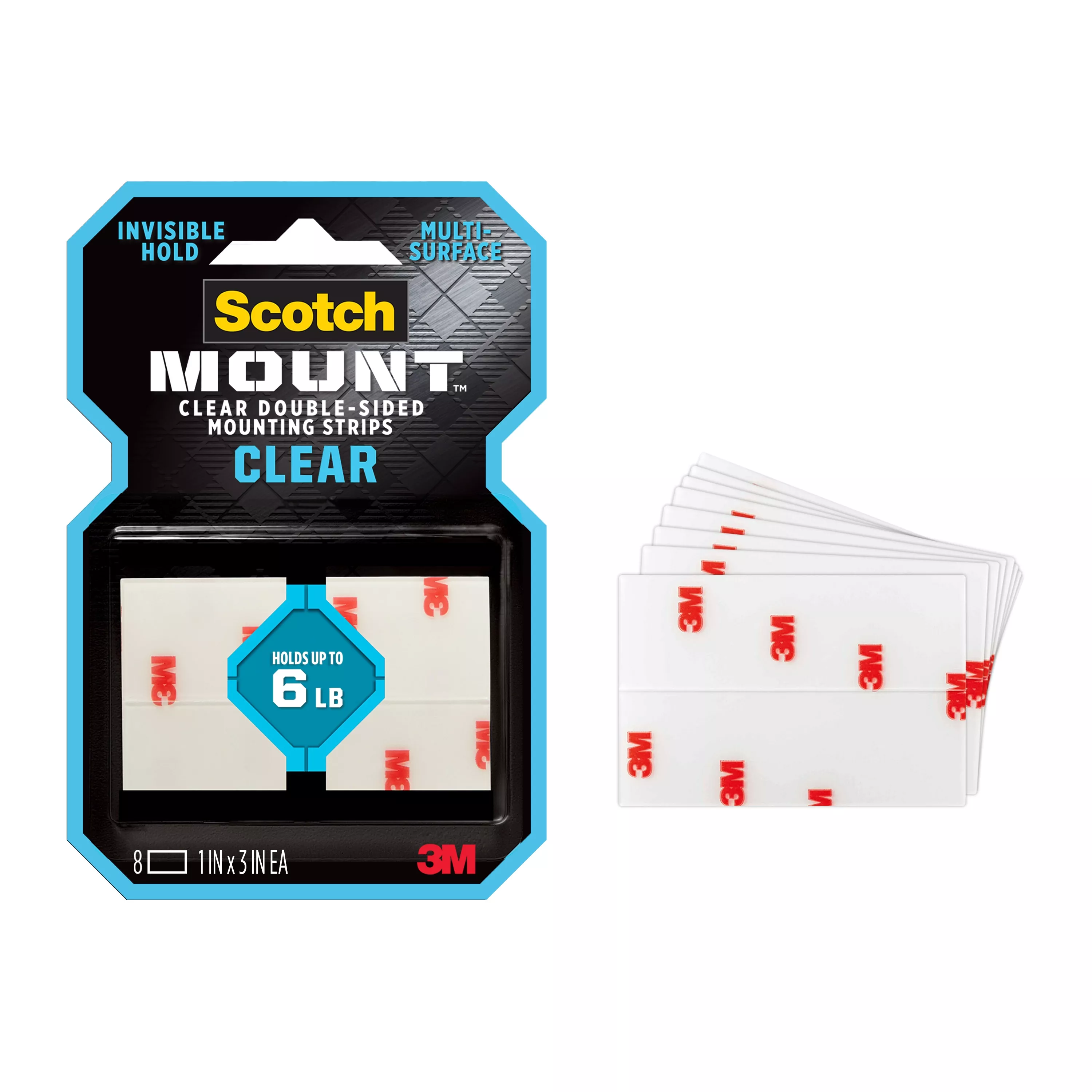 Scotch-Mount™ Clear Double-Sided Mounting Strips 410H-ST, 1 in x 3 in (2.54 cm x 7.62 cm), 8 Strips