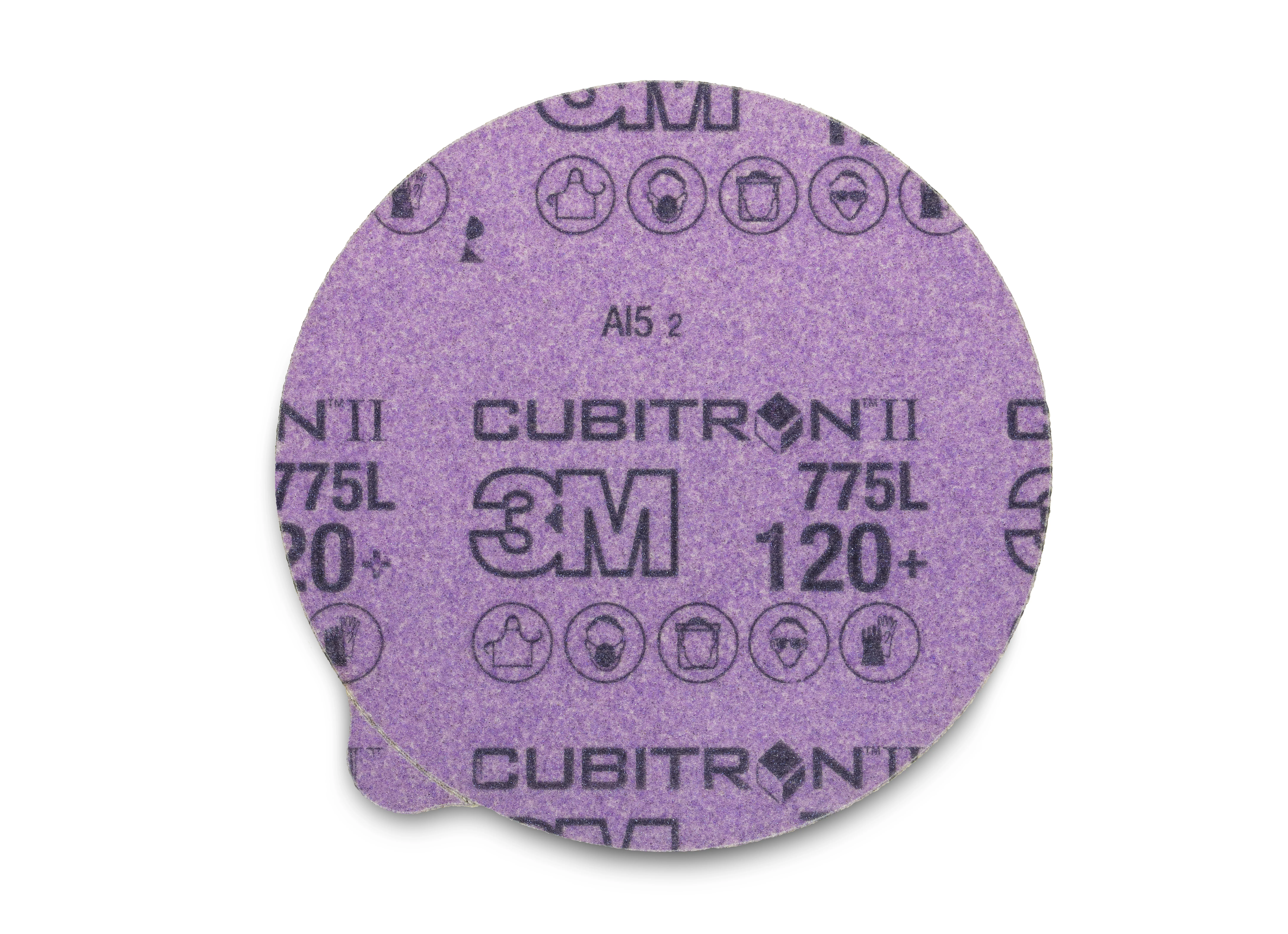 3M™ Cubitron™ II Stikit™ Film Disc 775L, 120+, 5 in x NH, Linered w/Tab,
Die 500X, 50/Carton, 250 ea/Case