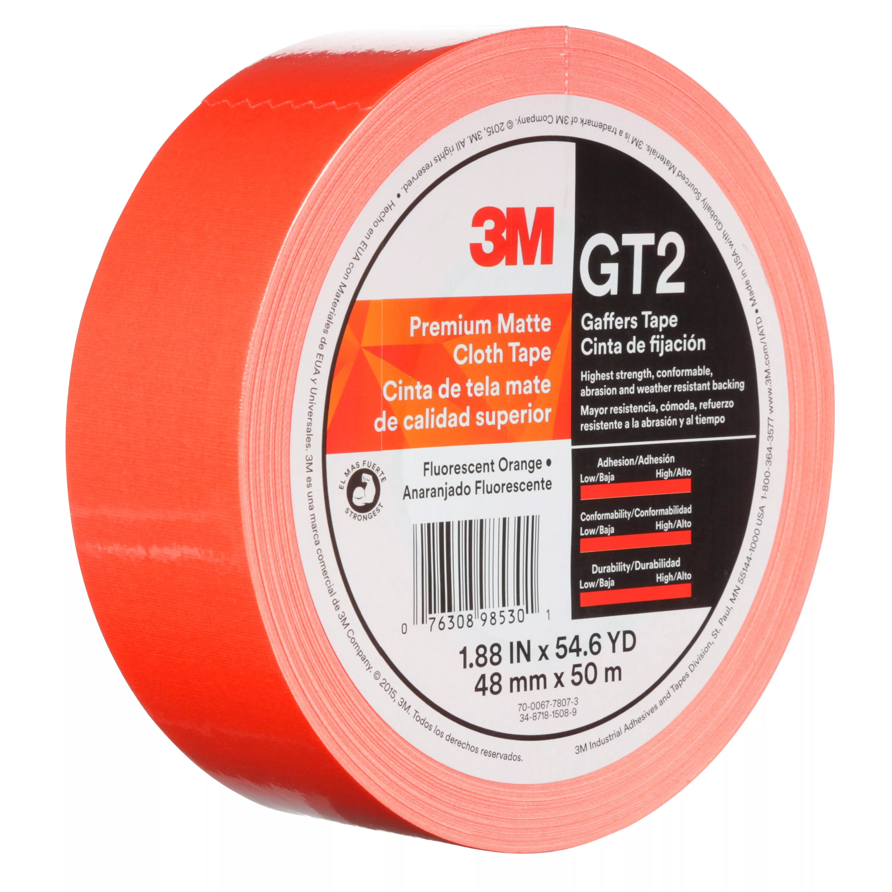 3M™ Premium Matte Cloth (Gaffers) Tape GT2, Fluorescent Orange, 48 mm x
50 m, 11 mil, 24/Case