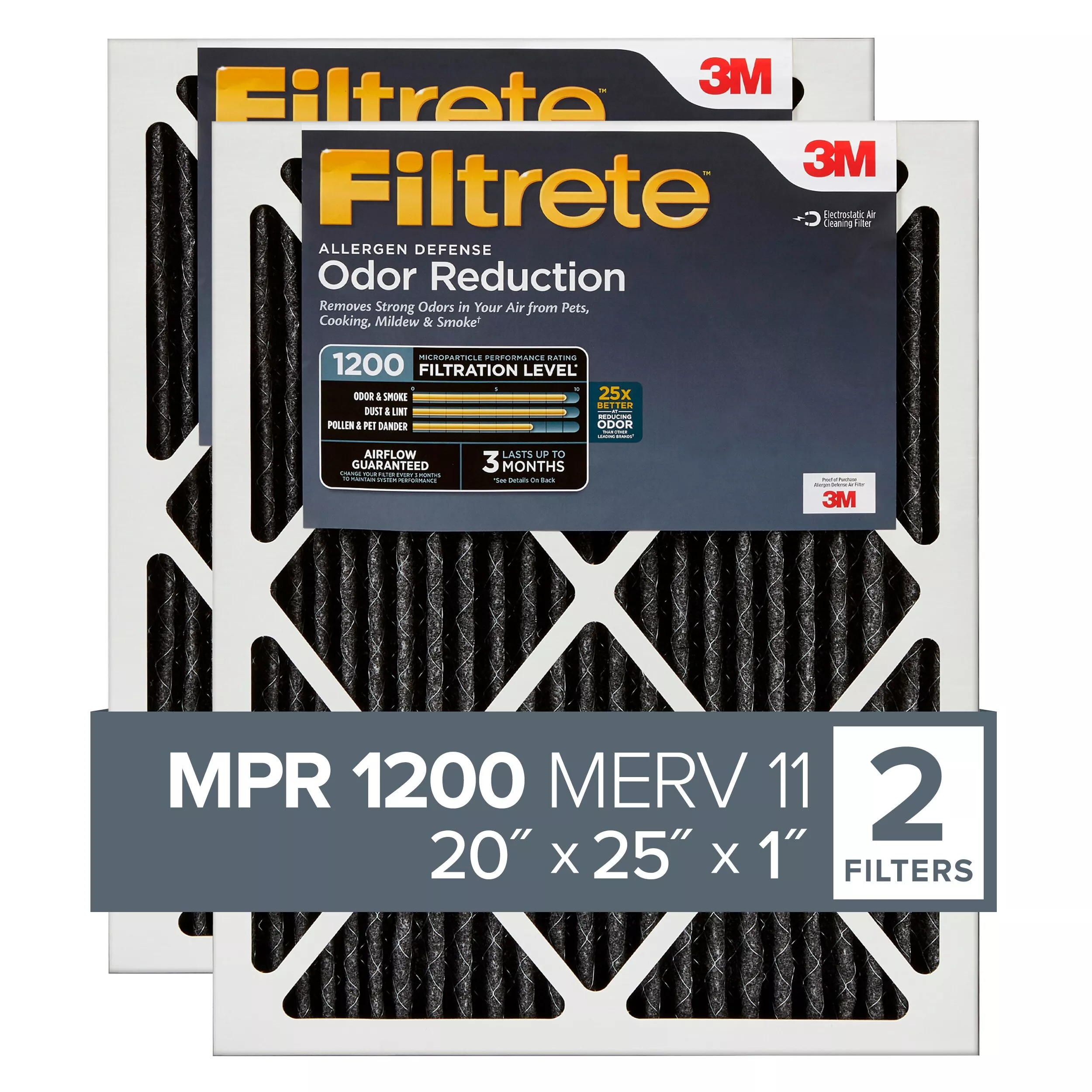 Filtrete™ Allergen Defense Odor Reduction Filter AOR03-2P-6E-NA, MPR
1200, 20 in x 25 in x 1 in (50,8 cm x 63,5 cm x 2,5 cm), 2/pk