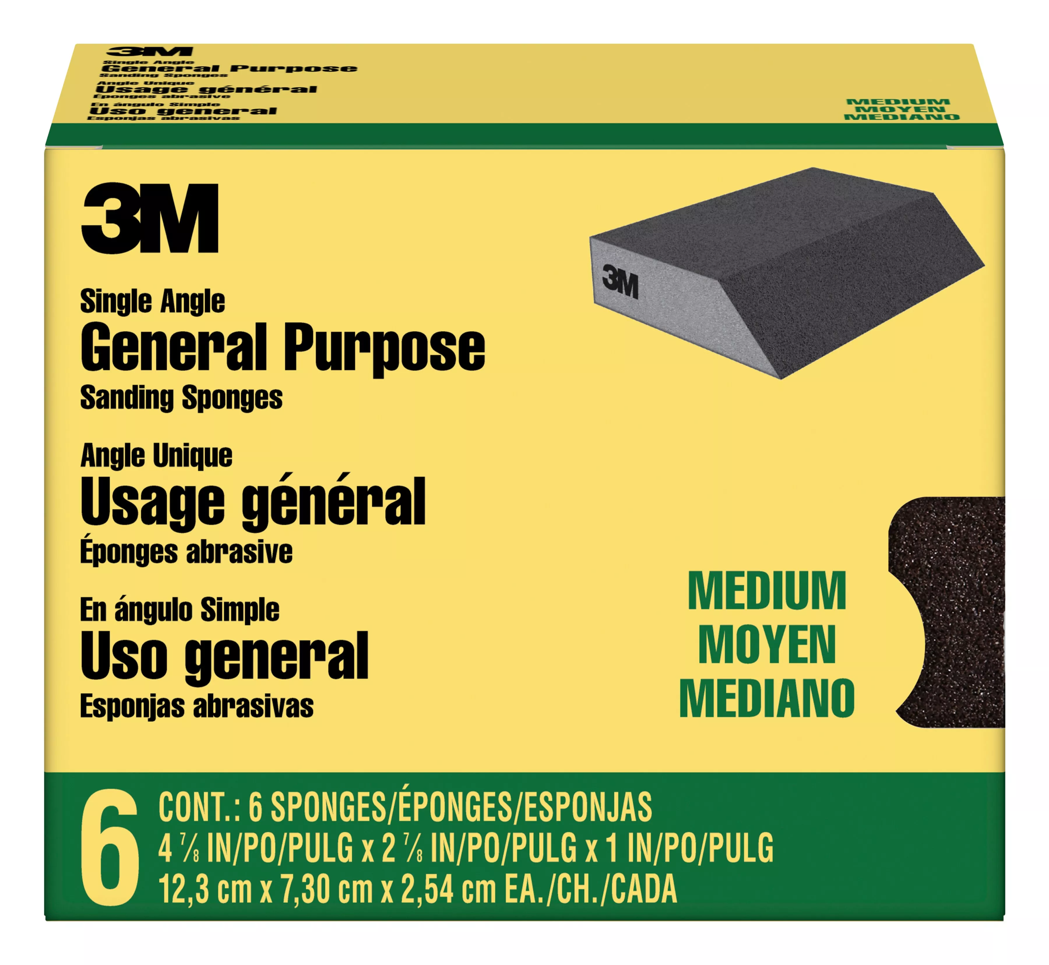 3M™ General Purpose Sanding Sponge CP041-6P, Single Angle, 2 7/8 in x 4 7/8 in x 1 in, Medium, 6/pk, 4pks/cs