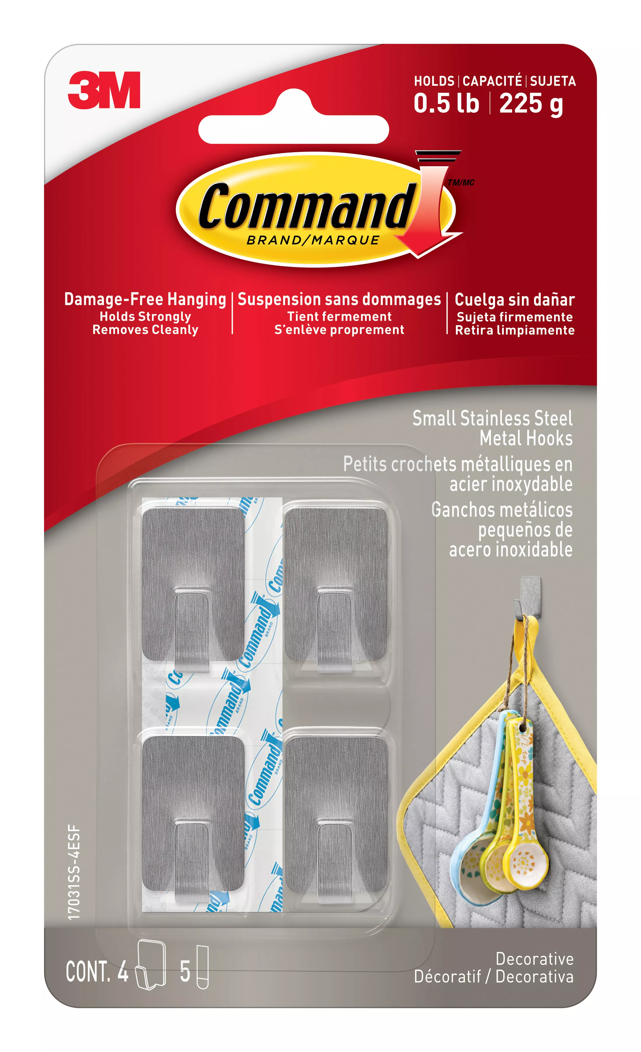 Command™ Small Stainless Steel Metal Hooks 17031SS-4ESF, 4 Hooks, 5 Strips