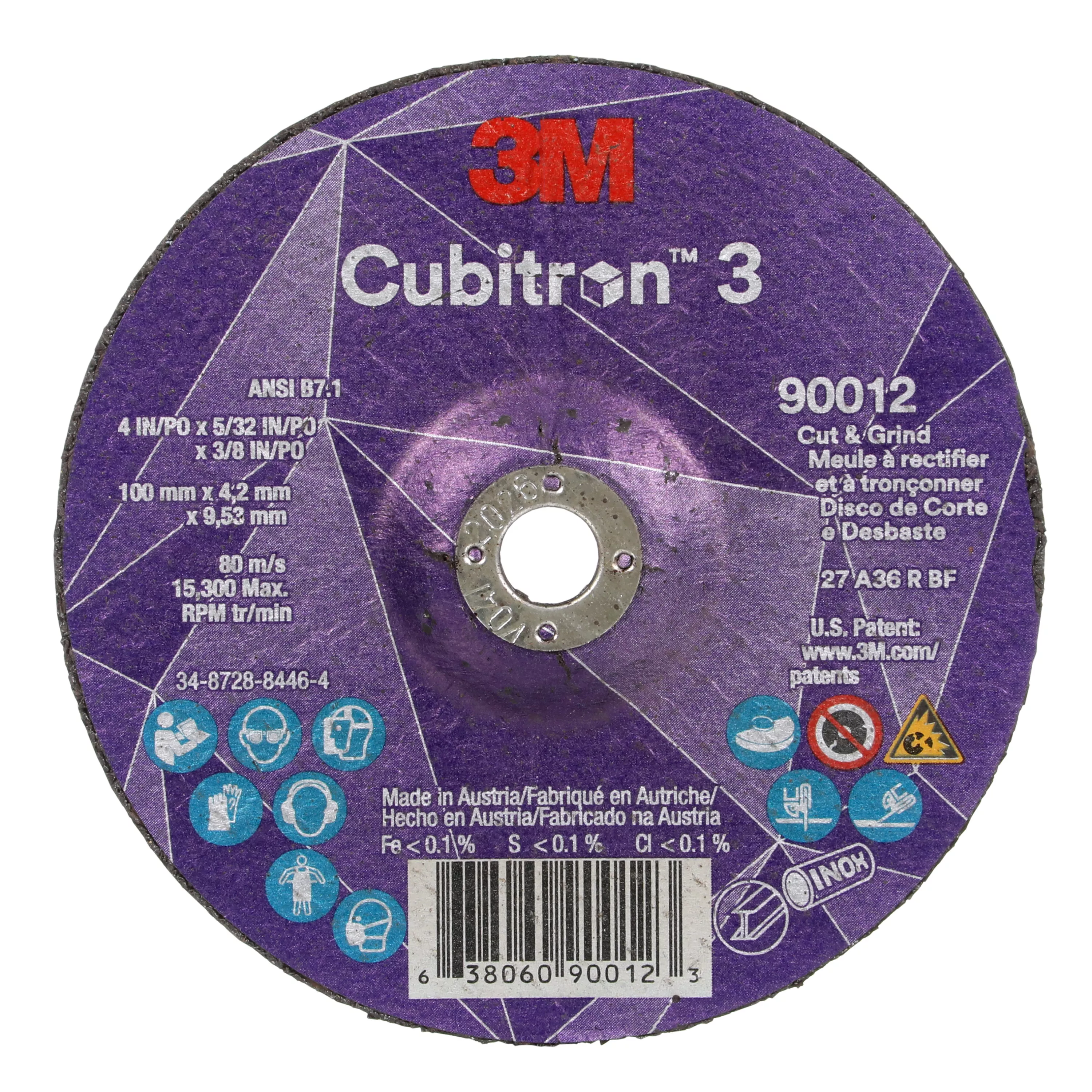 3M™ Cubitron™ 3 Cut and Grind Wheel, 90012, 36+, T27, 4 in x 5/32 in x
3/8 in (100 x 4.2 x 9.53 mm), ANSI, 10/Pack, 20 ea/Case