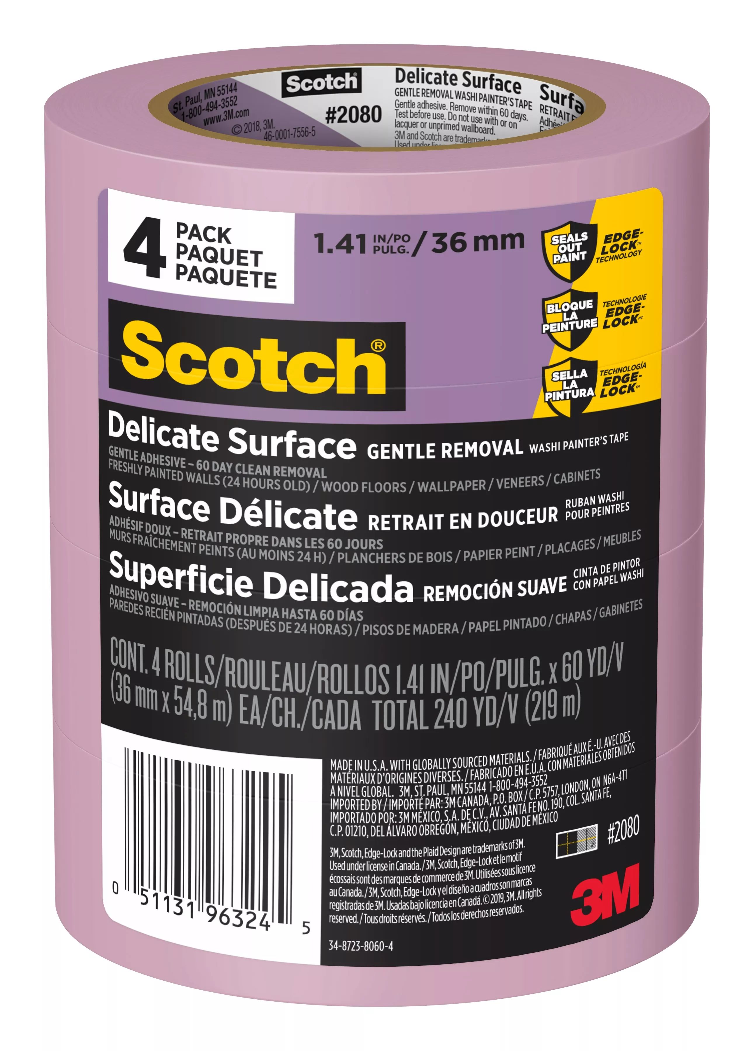 Scotch® Delicate Surface Painter's Tape 2080-36DP4, 1.41 in x 60 yd.
(36mm x 54,8m), 4 rolls/pack