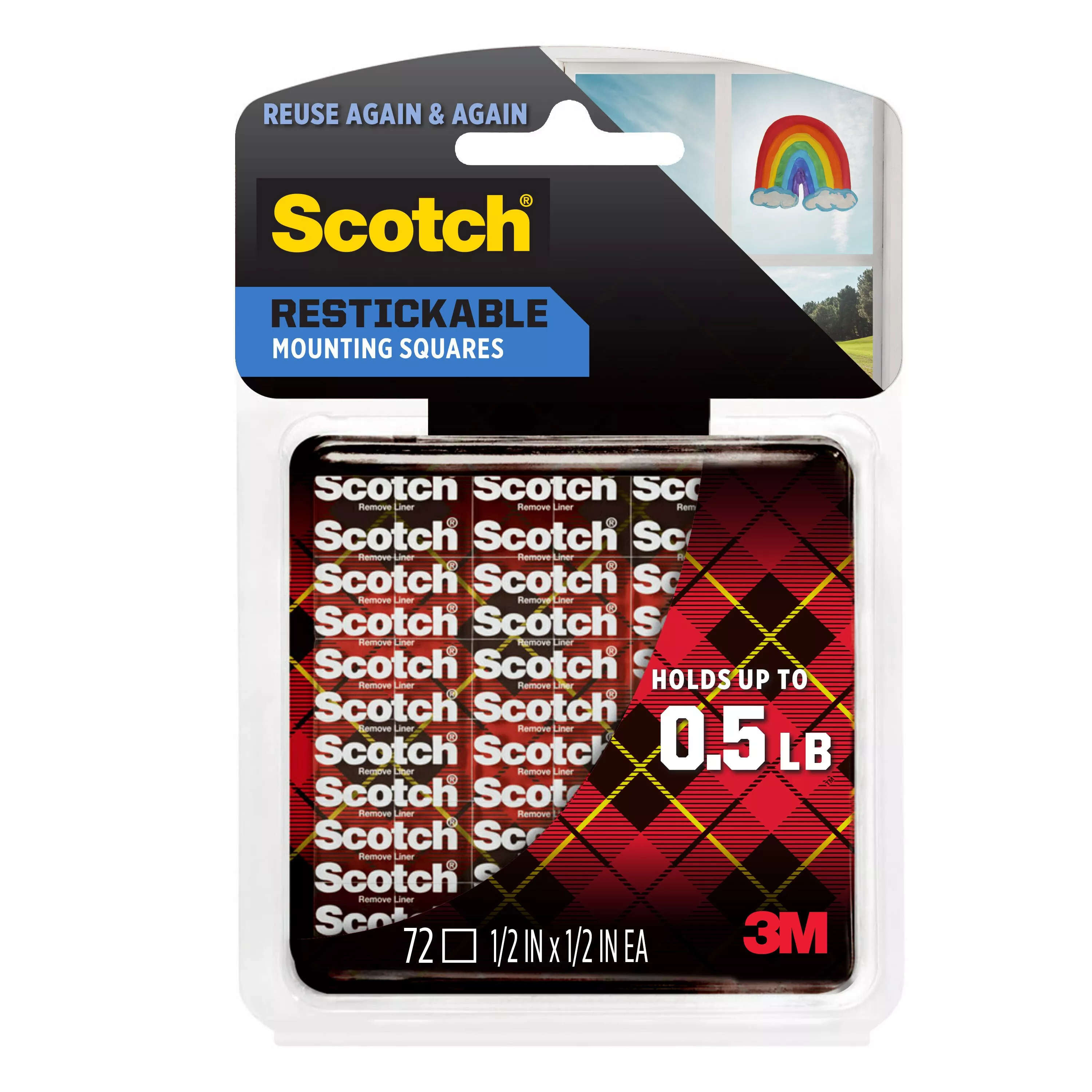 Scotch® Restickable Mounting Squares R103S, 1/2 in x 1/2 in (1.27 cm x 1.27 cm) 72/pk