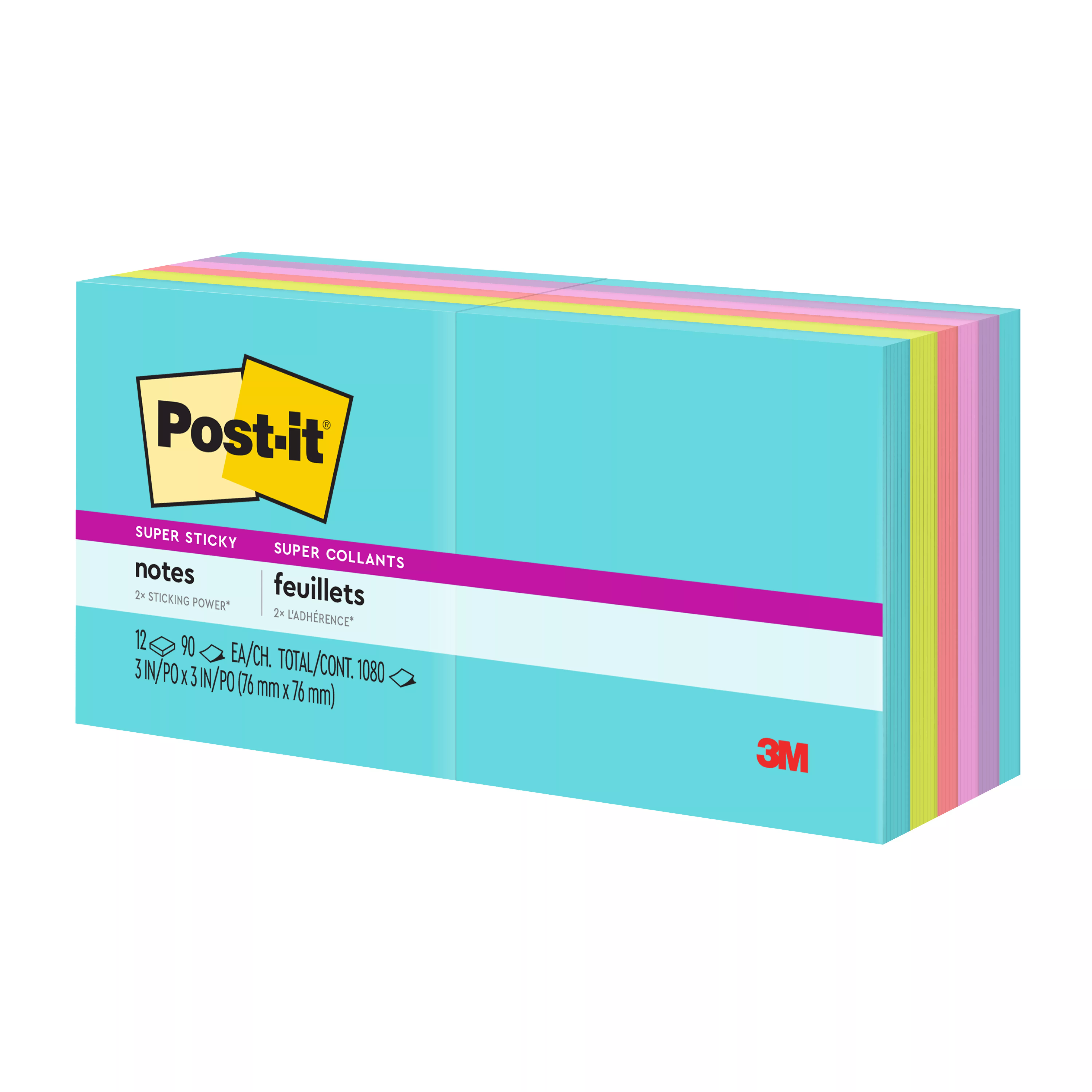 Post-it® Super Sticky Notes 654-12SSMIA, 3 in x 3 in (76 mm x 76 mm), Supernova Neons, 12 Pads/Pack, 90 Sheets/Pad
