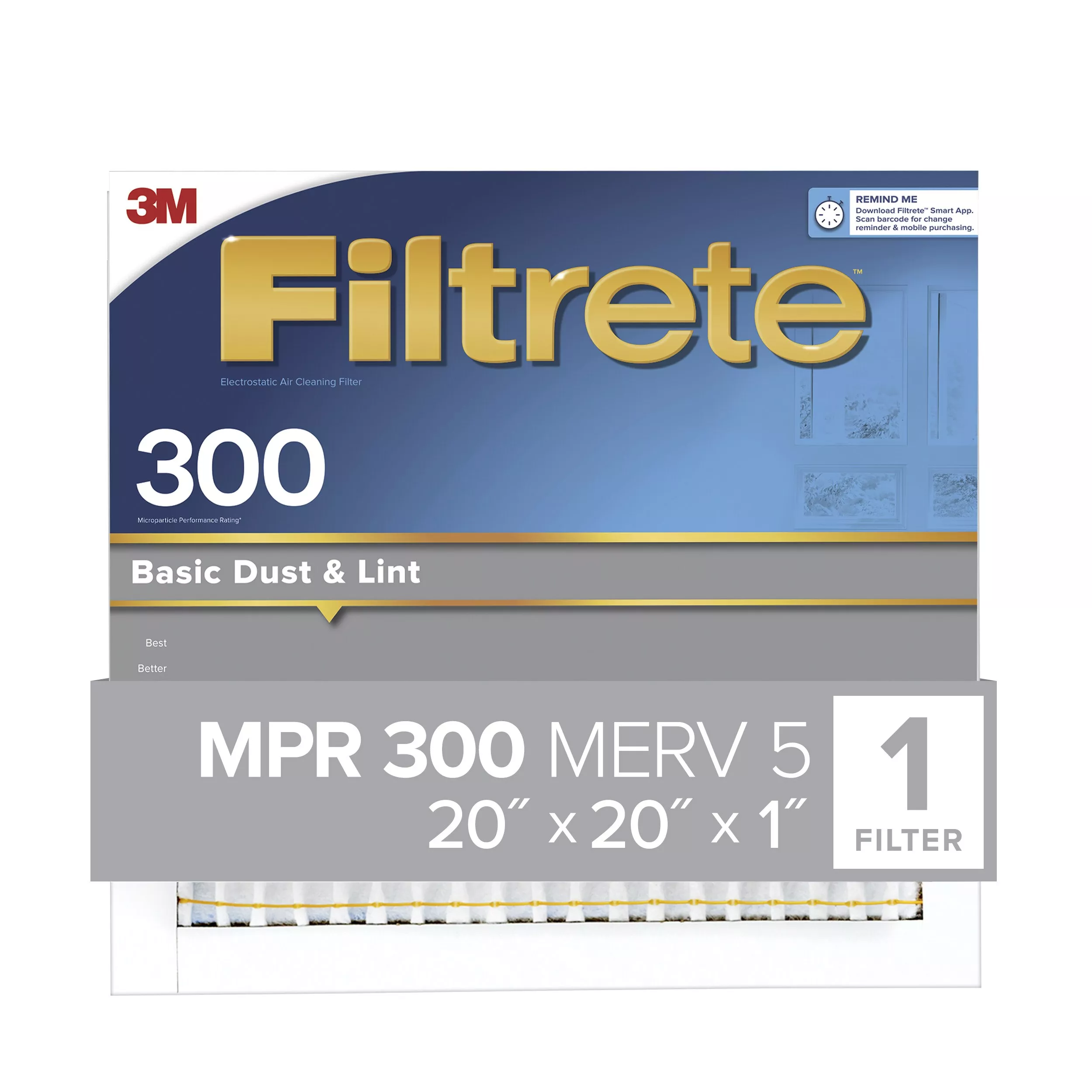Filtrete™ Basic Dust & Lint Air Filter, 300 MPR, 302-4, 20 in x 20 in x
1 in (50.8 cm x 50.8 cm x 2.5 cm)