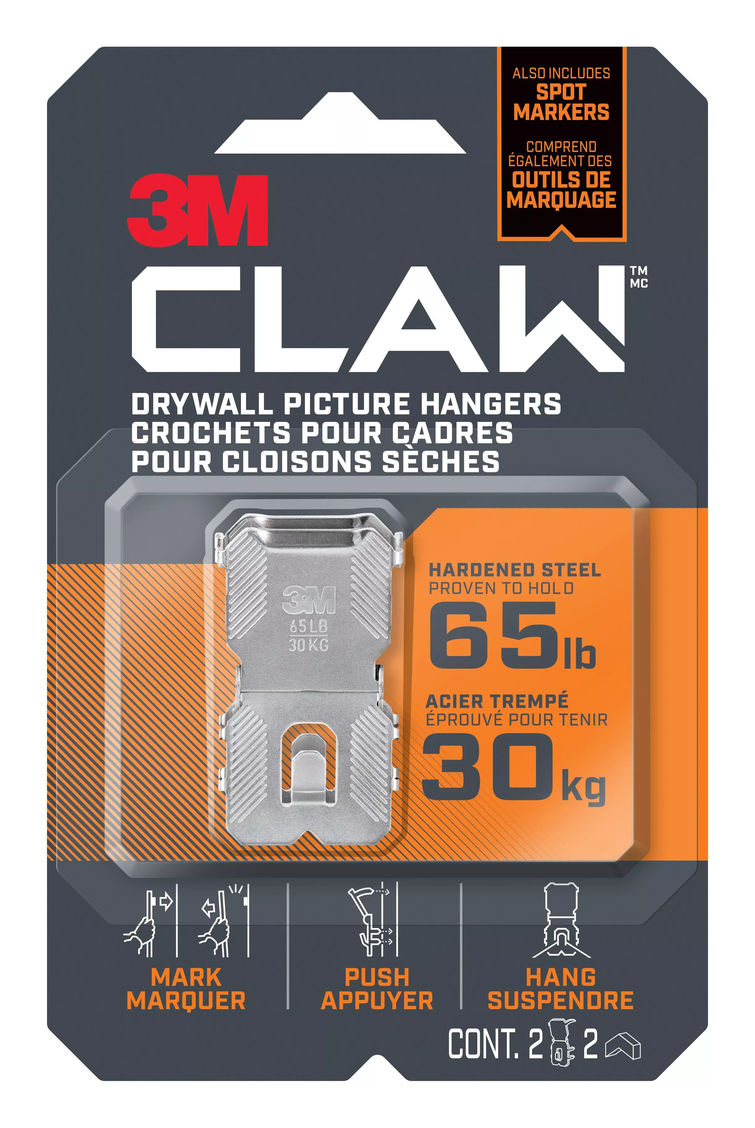 3M CLAW™ 65lb Drywall Picture Hangers with Spot Markers 3PH65M-2EF