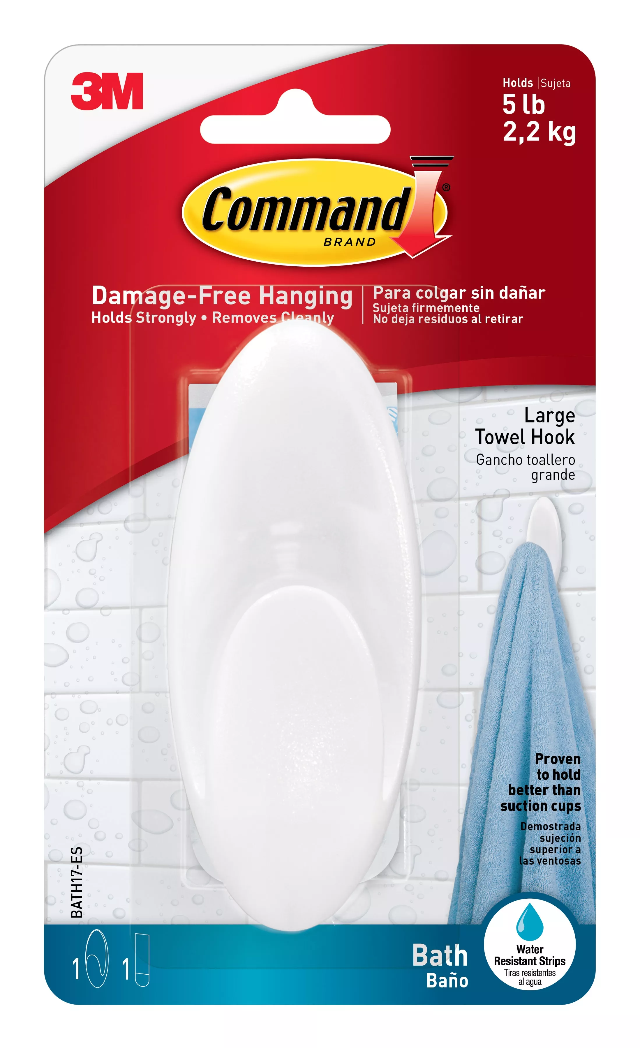 Command™ Large Towel Hook with Water-Resistant Strips BATH17-ES Clear
Frosted