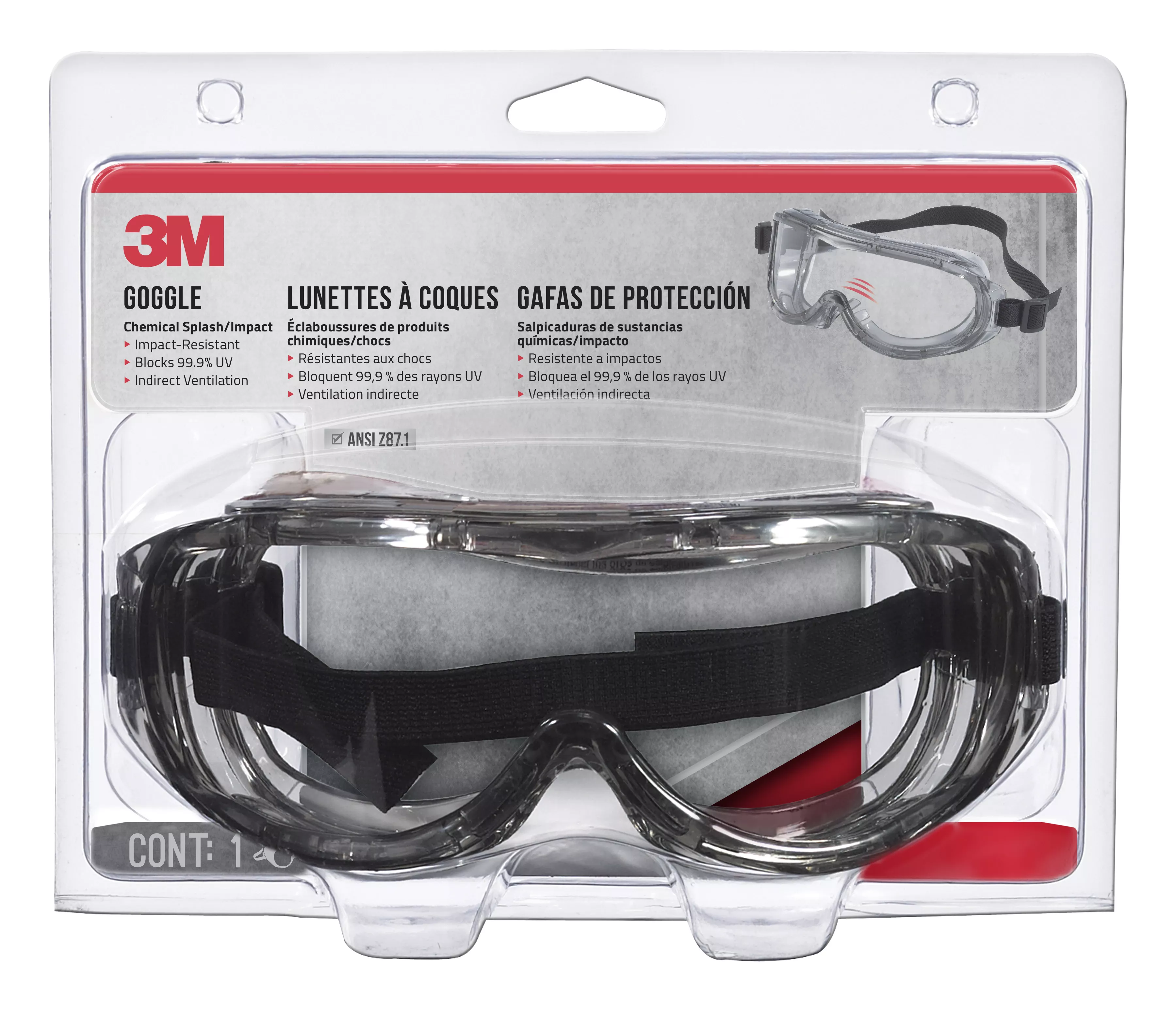 3M™ Professional Goggle, Chemical Splash, 91264H1-DC, Black Strap, Gray
Lens, 4/case