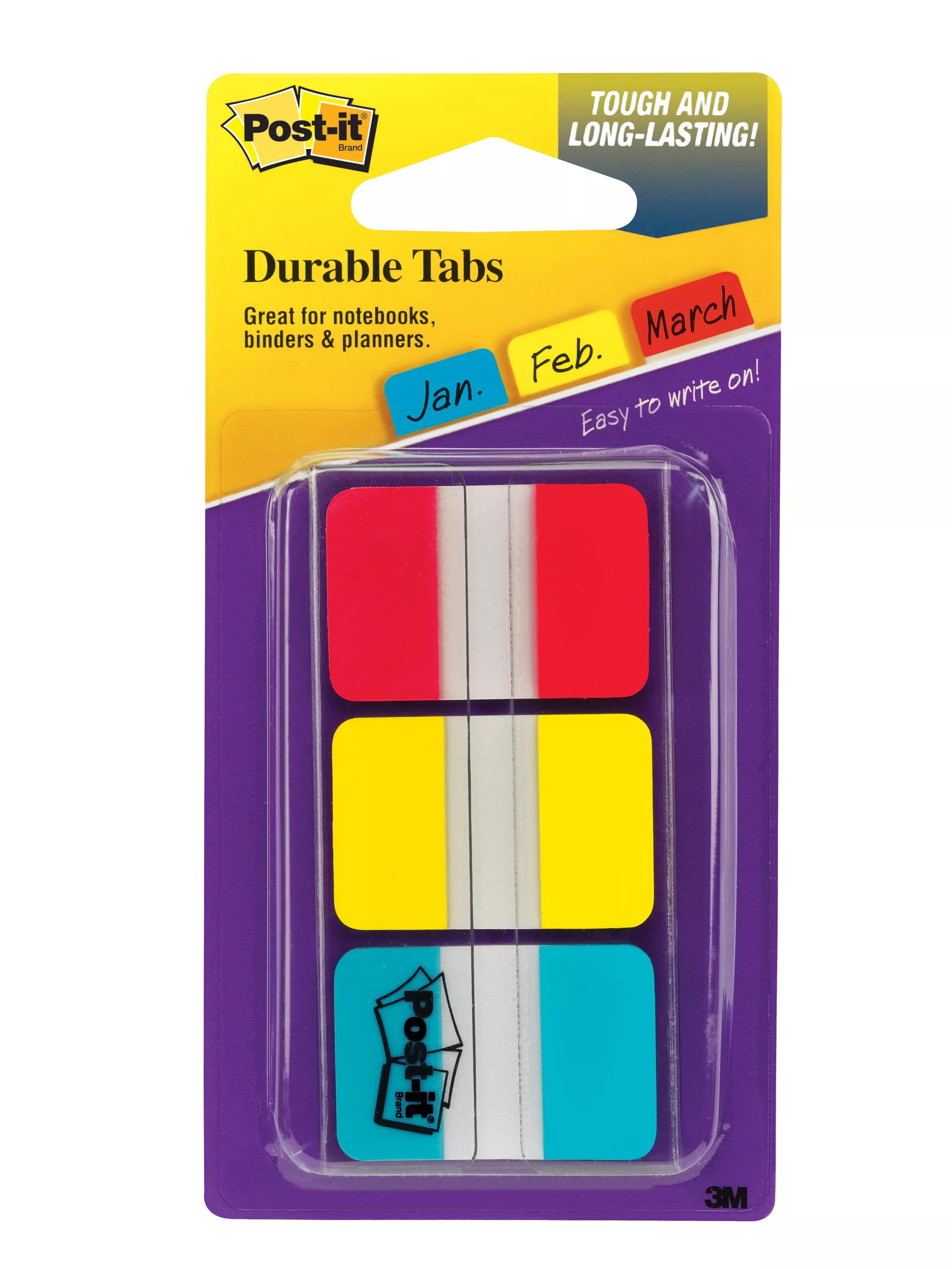 Post-it® Durable Tabs 686-RYB, 1 in. x 1.5 in. Red, Canary Yellow, Blue