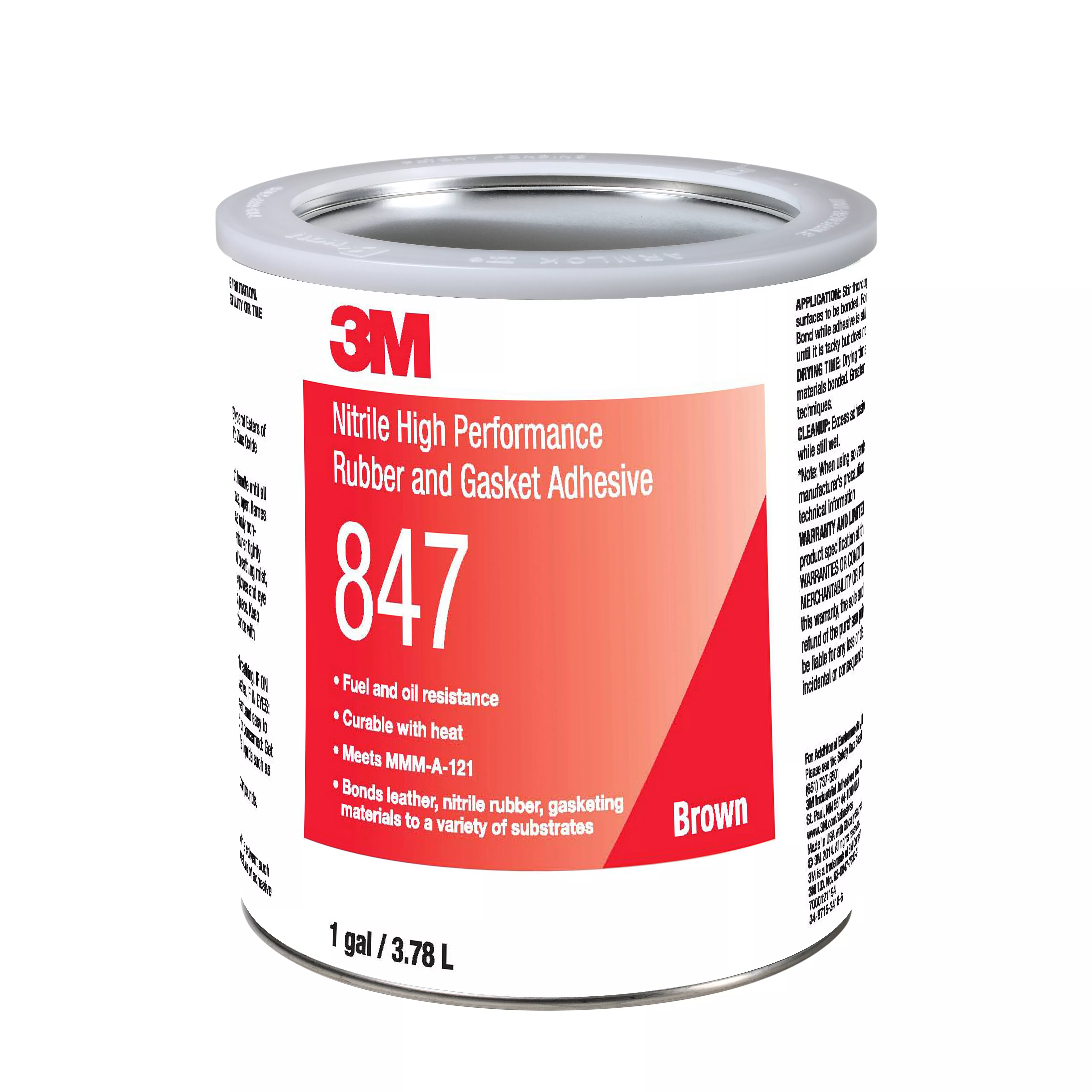3M™ Nitrile High Performance Rubber and Gasket Adhesive 847, Brown, 1
Gallon, 4 Can/Case
