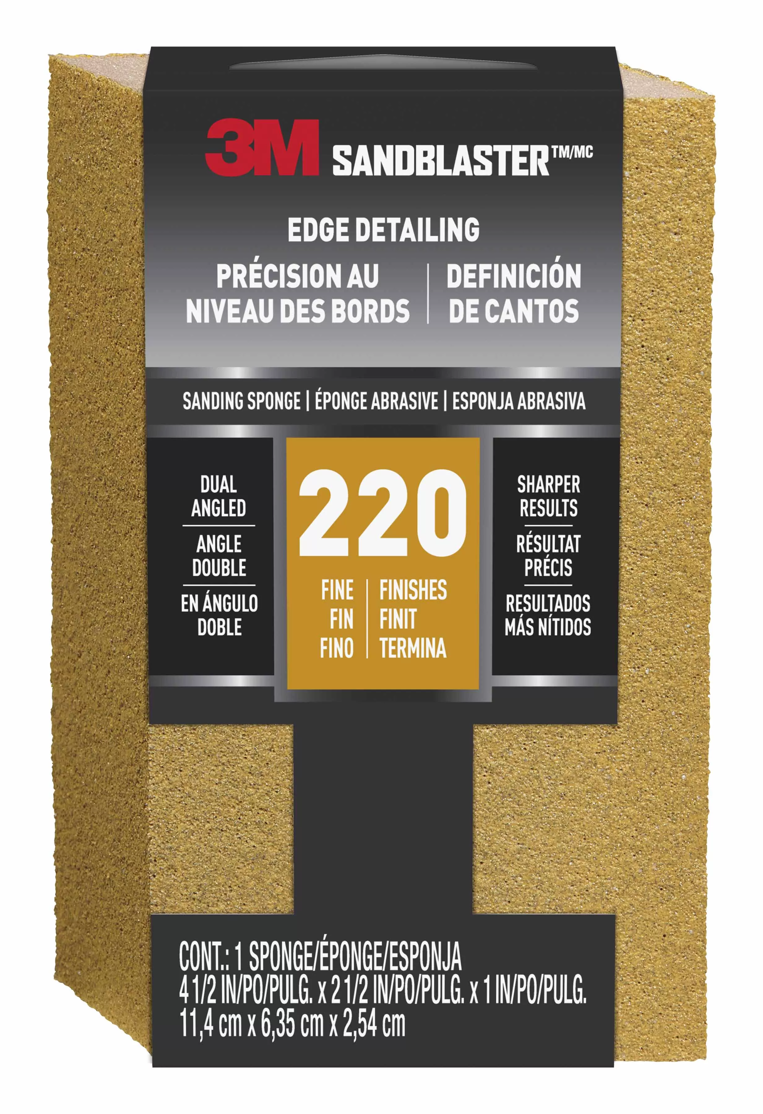 3M™ SandBlaster™ EDGE DETAILING Sanding Sponge, 9565 ,220 grit, 4 1/2 in
x 2 1/2 x 1 in, 1/pk
