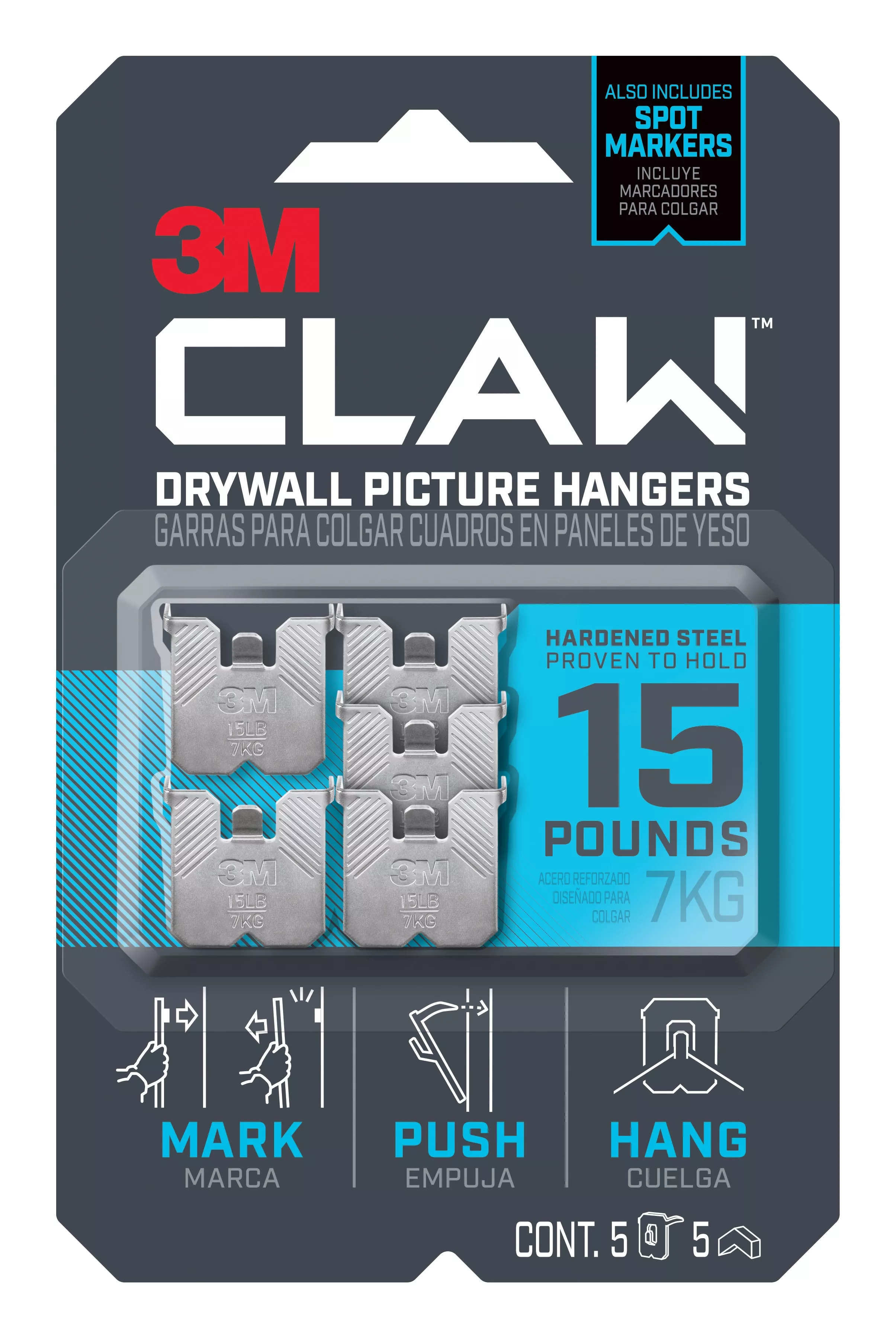 3M CLAW™ Drywall Picture Hanger 15 lb with Temporary Spot Marker 3PH15M-5EF, 5 hangers, 5 markers
