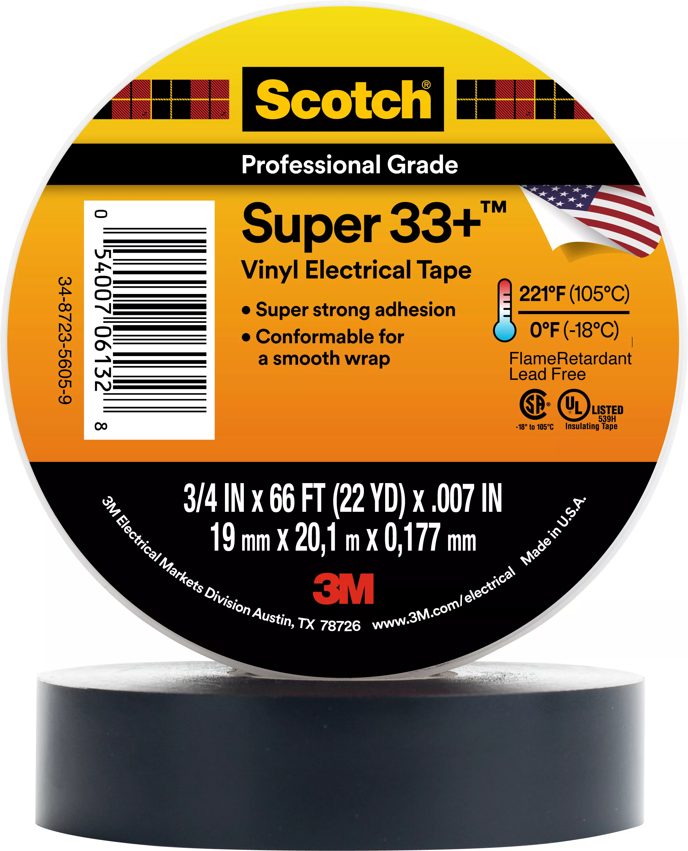 Scotch® Super 33+ Vinyl Electrical Tape, 3/4 in x 66 ft, 1-1/2 in Core,
Black, 10 rolls/carton, 100 rolls/Case