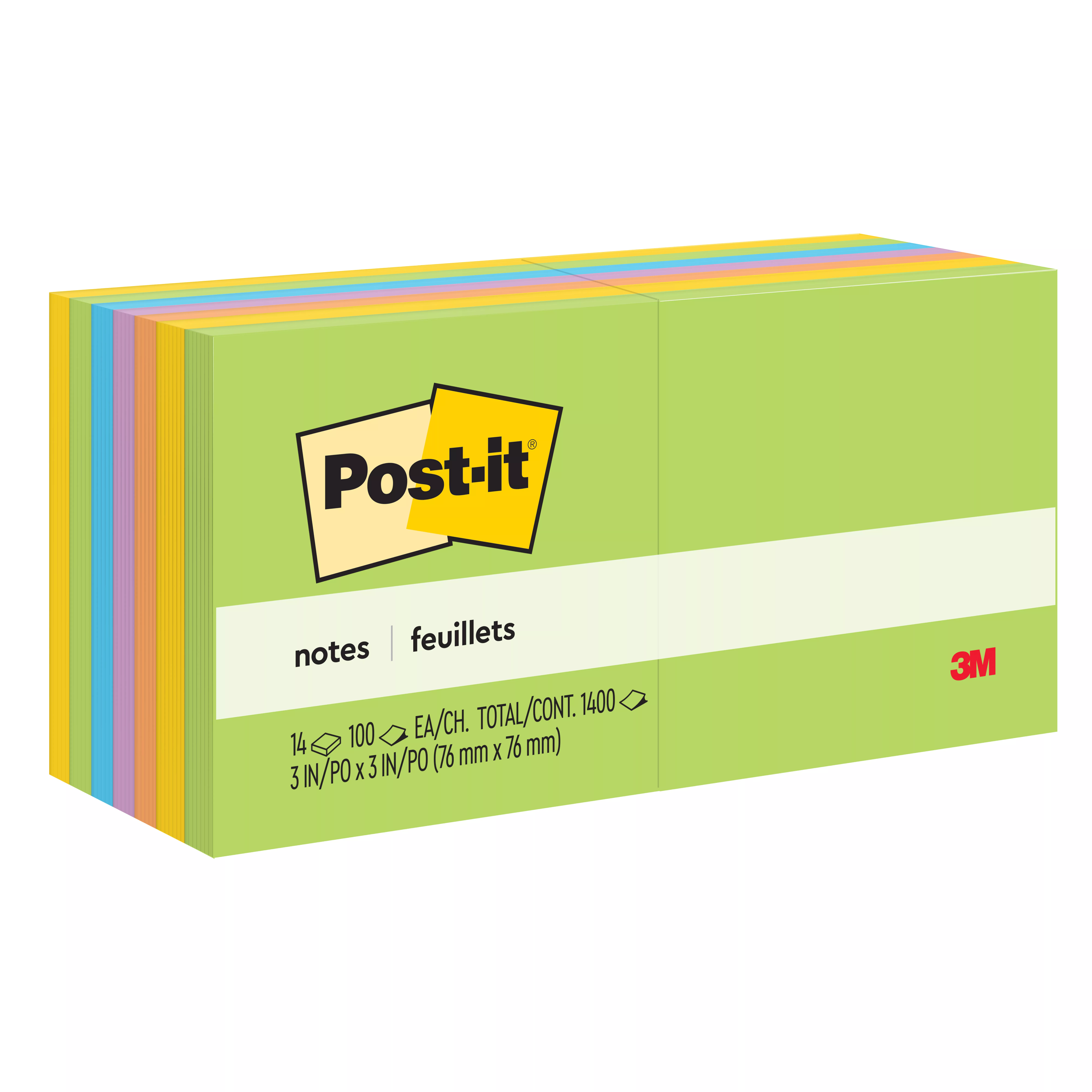 Post-it® Notes 654-14AU, 3 in x 3 in (76 mm x 76 mm), Jaipur colors