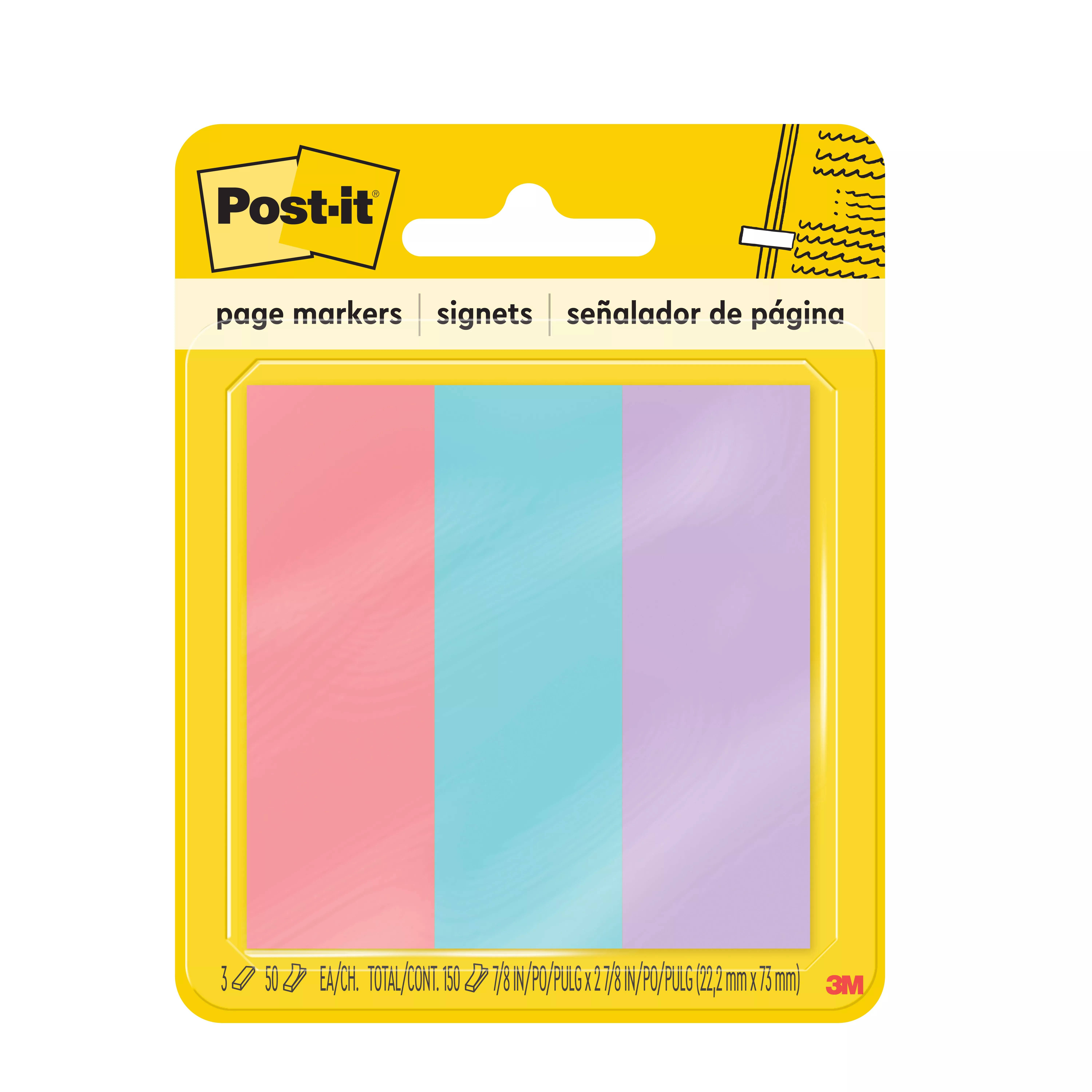 Post-it® Page Markers 5222, 1 in x 3 in x in (22,2 mm x 73 mm), Assorted
Colors, 3 Pads/Pack, 50 Sheets/Pad