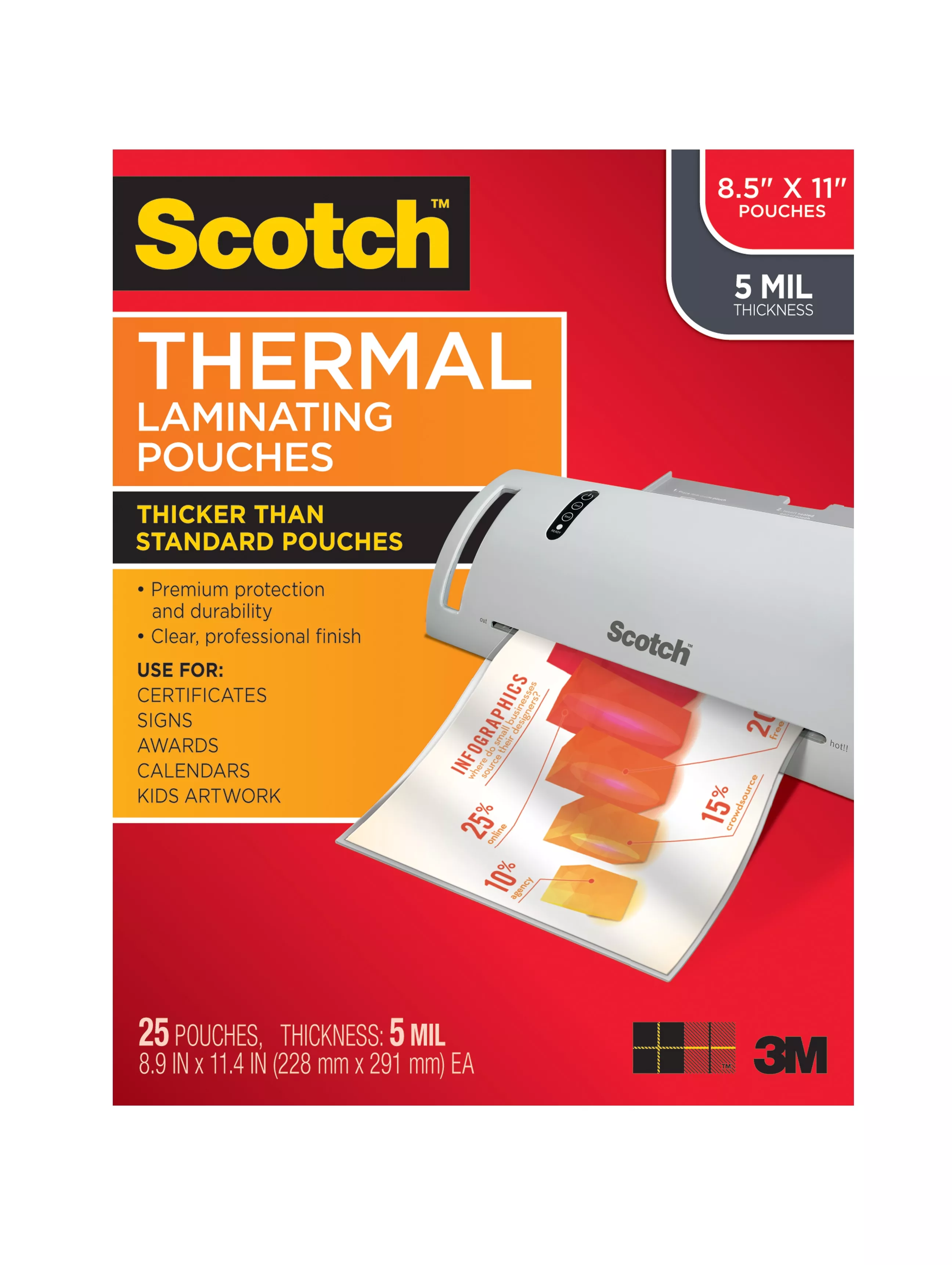 Scotch™ Thermal Pouches TP5854-25, 8.9 in x 11.4 in (228 mm x 291 mm),
Letter Size 5 mil