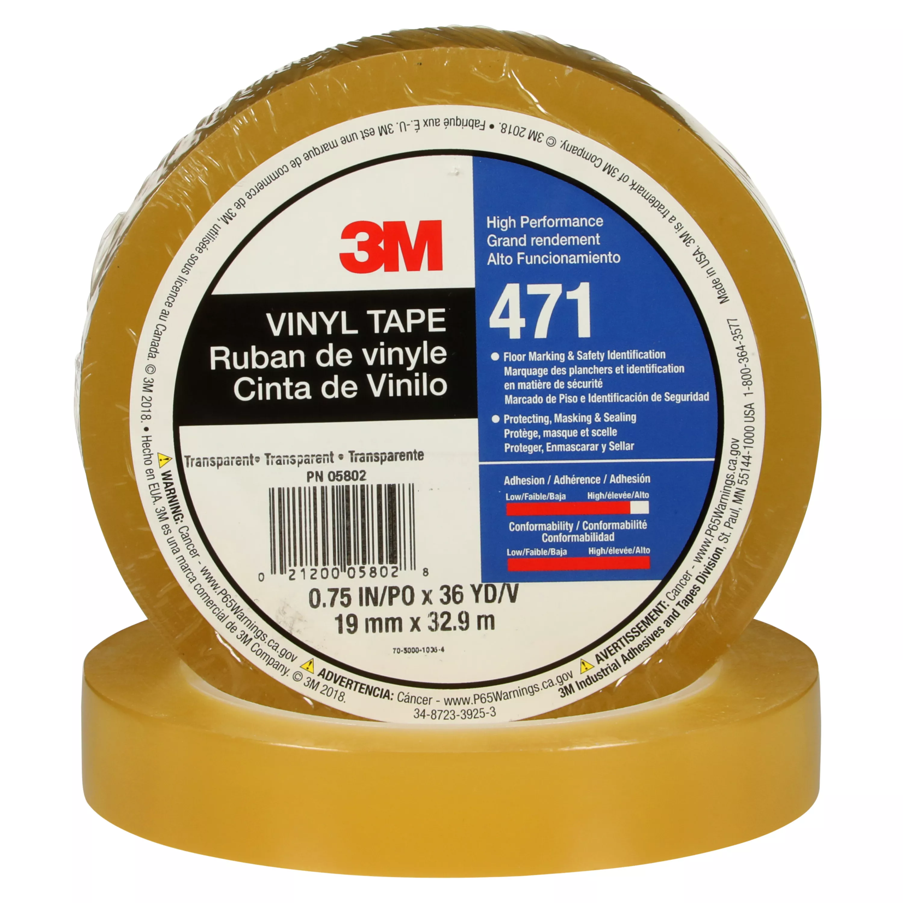 3M™ Vinyl Tape 471, Transparent, 3/4 in x 36 yd, 5.2 mil, 48 Roll/Case