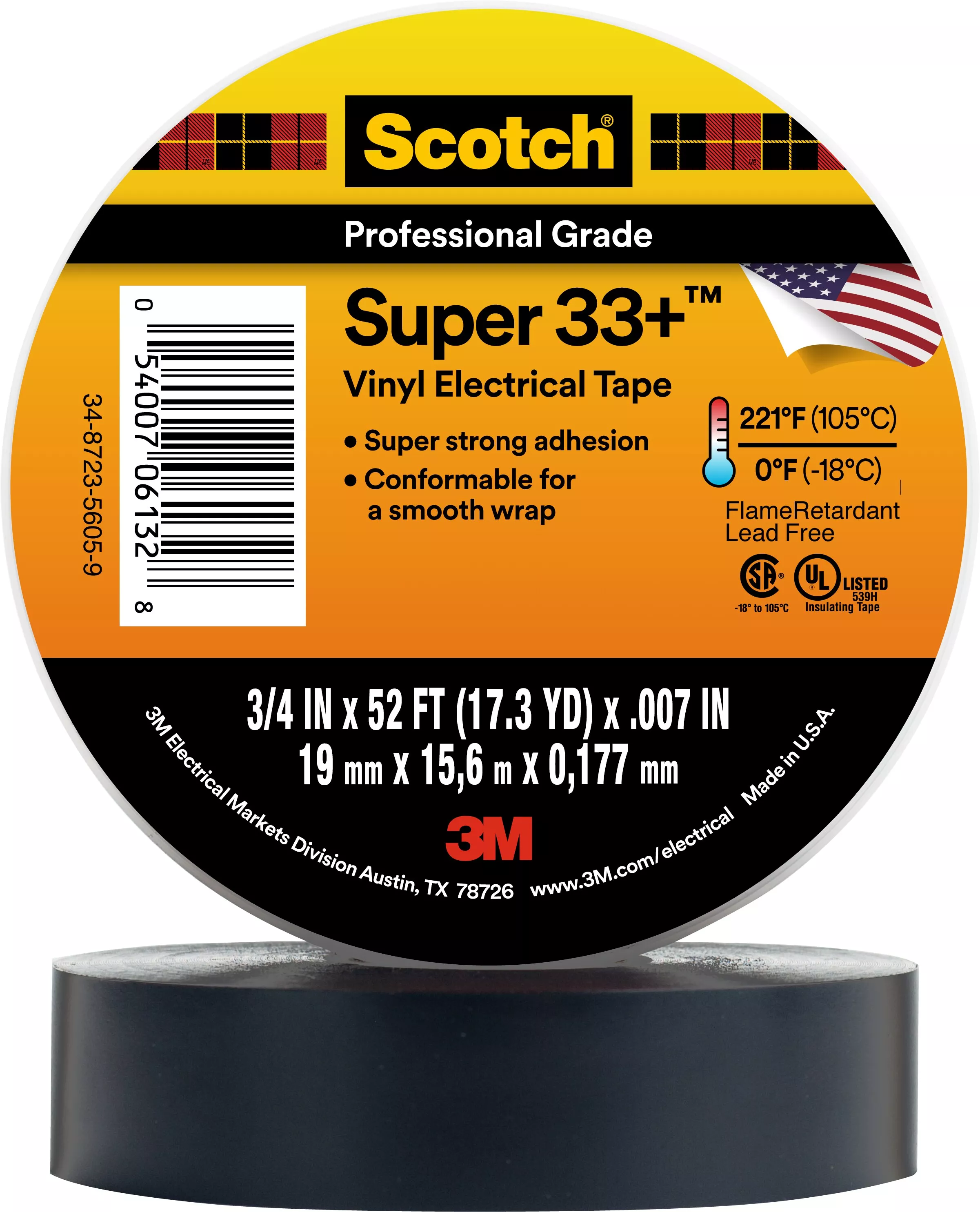 Scotch® Super 33+ Vinyl Electrical Tape, 3/4 in x 52 ft, Black, 10
rolls/carton, 100 rolls/Case