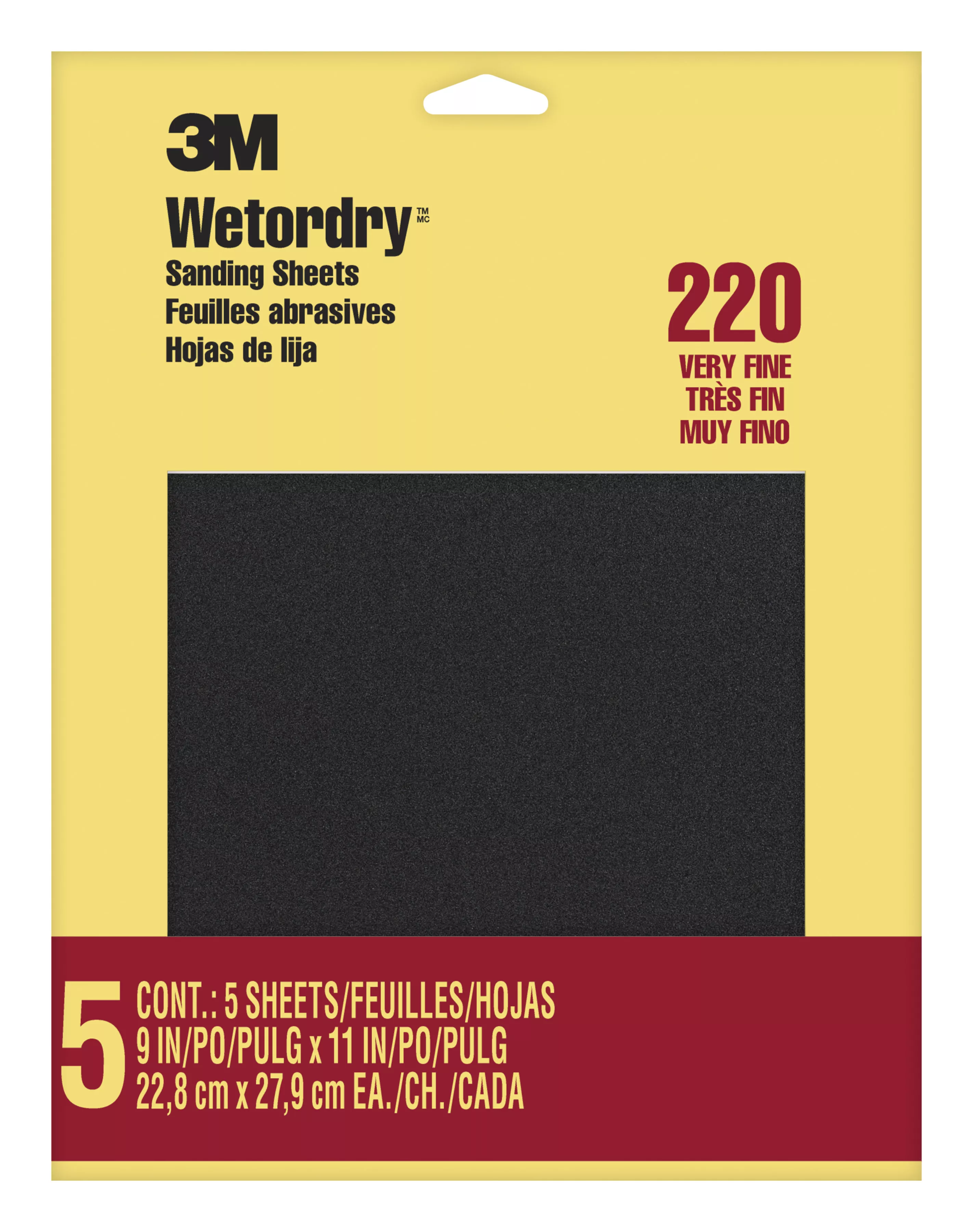 3M™ Wetordry™ Sanding Sheets 9087NA, 9 in x 11 in, 220 grit, 5 sheets/pk, 10 pks/inner, 50 pks/cs