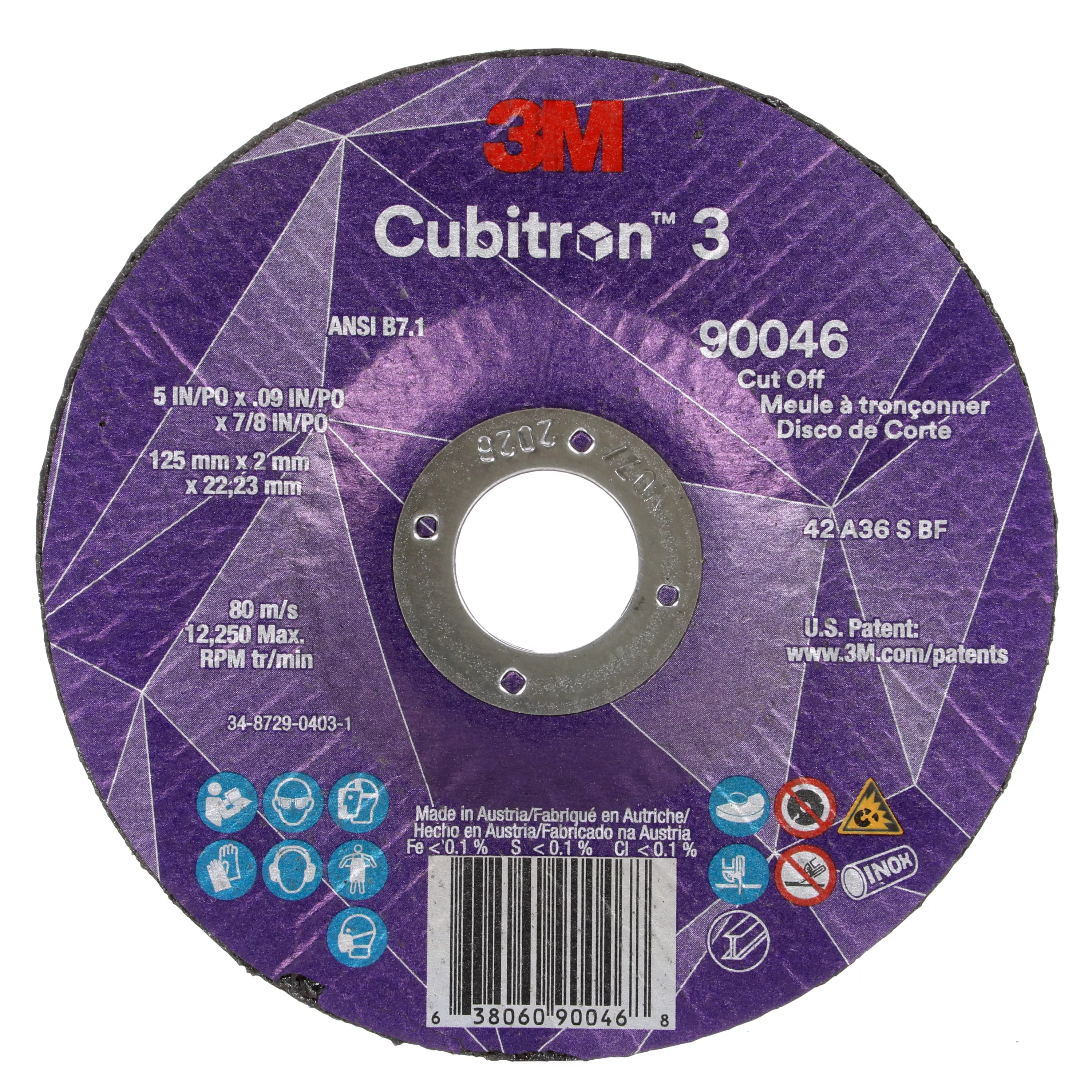 3M™ Cubitron™ 3 Cut-Off Wheel, 90046, 36+, T27, 5 in x 0.09 in x 7/8 in
(125 x 2 x 22.23 mm), ANSI, 25/Pack, 50 ea/Case