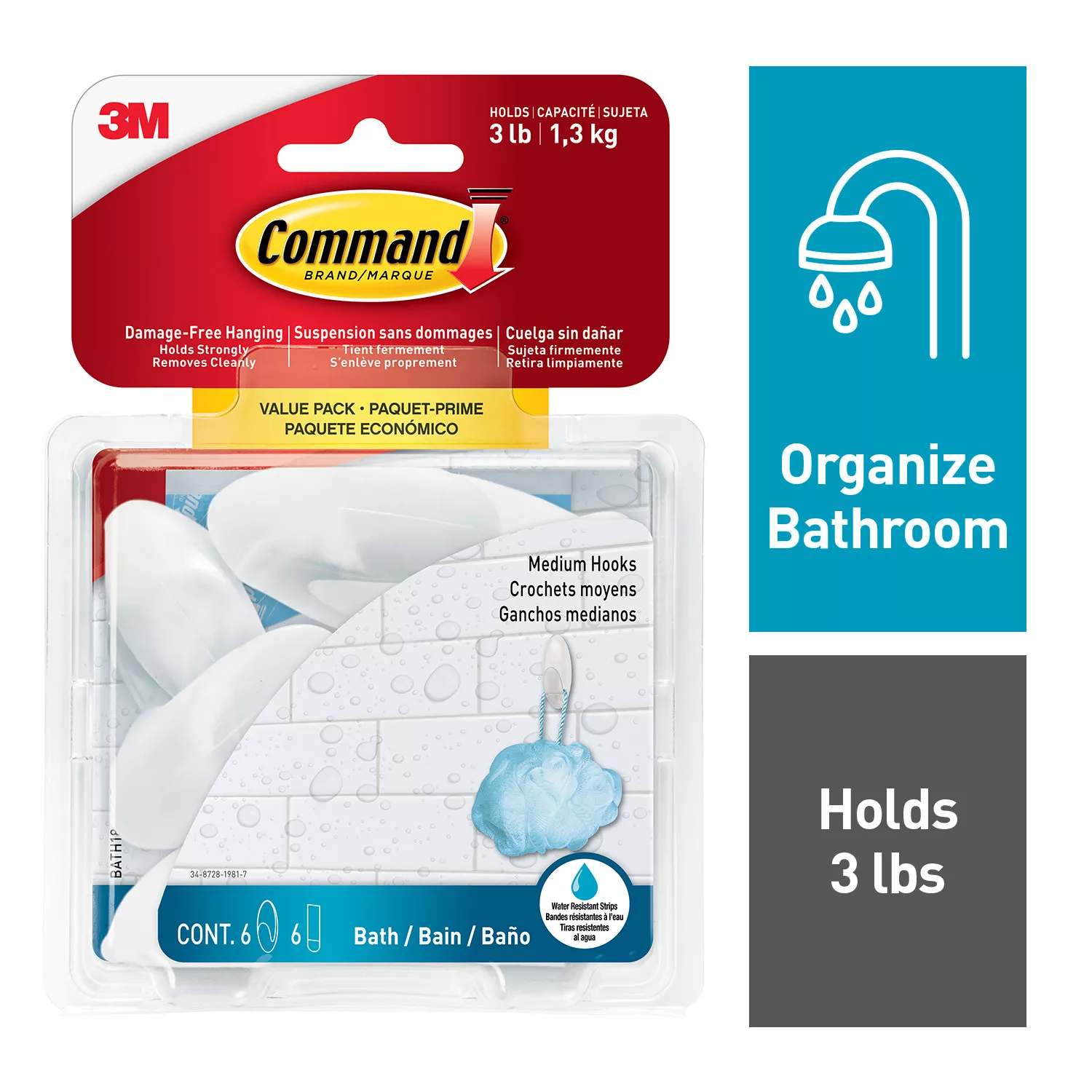 Command™ Bath Medium Hooks BATH18-6ESF, Value Pack