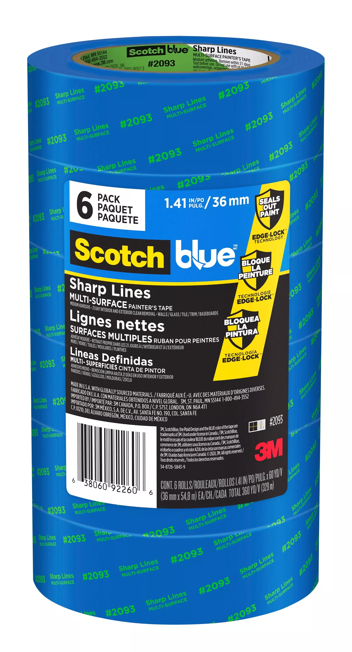 ScotchBlue™ Sharp Lines Painter's Tape 2093-36AC6, 1.41 in x 60 yd (36 mm x 54.8 m), 6 rolls/pack