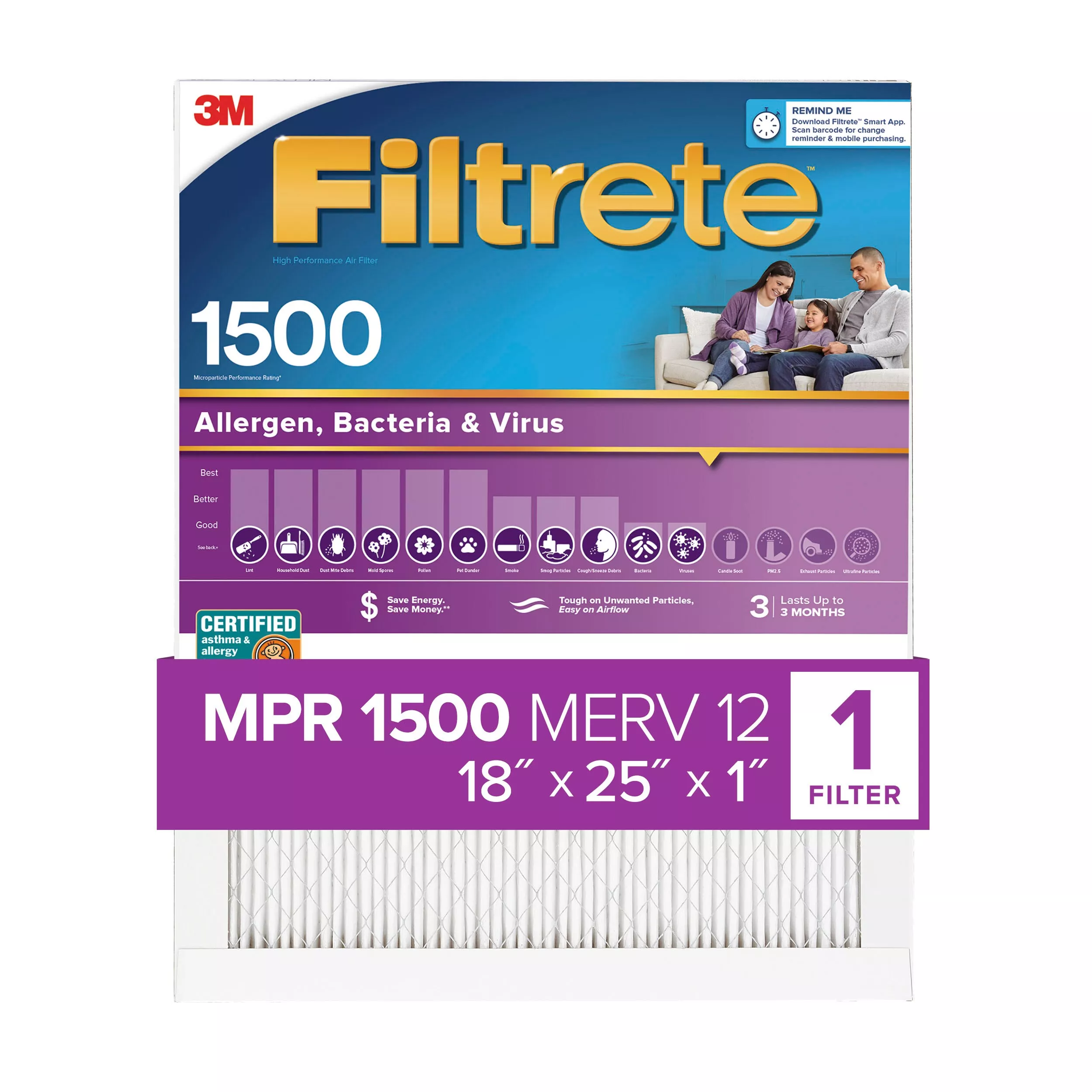 Filtrete™ Allergen, Bacteria & Virus Air Filter, 1500 MPR, 2046-4, 18 in
x 25 in x 1 in (45,7 cm x 63,5 cm x 2,5 cm)