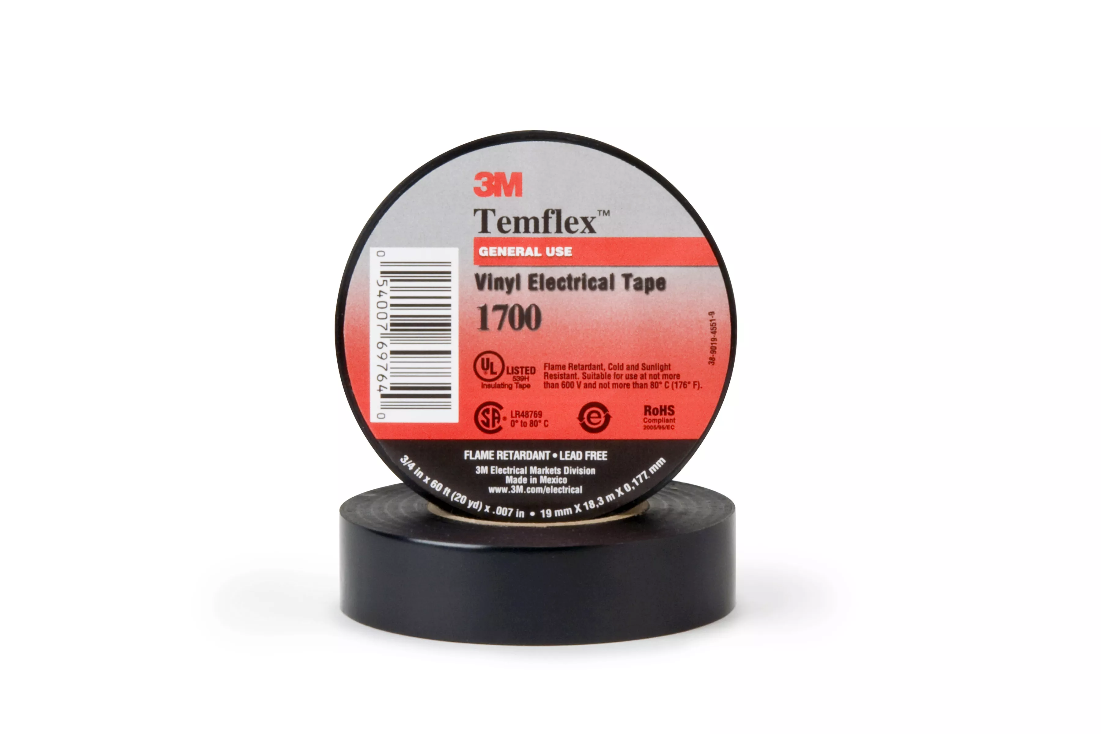3M™ Temflex™ Vinyl Electrical Tape 1700, 1 in x 66 ft, Black, 99
rolls/Case