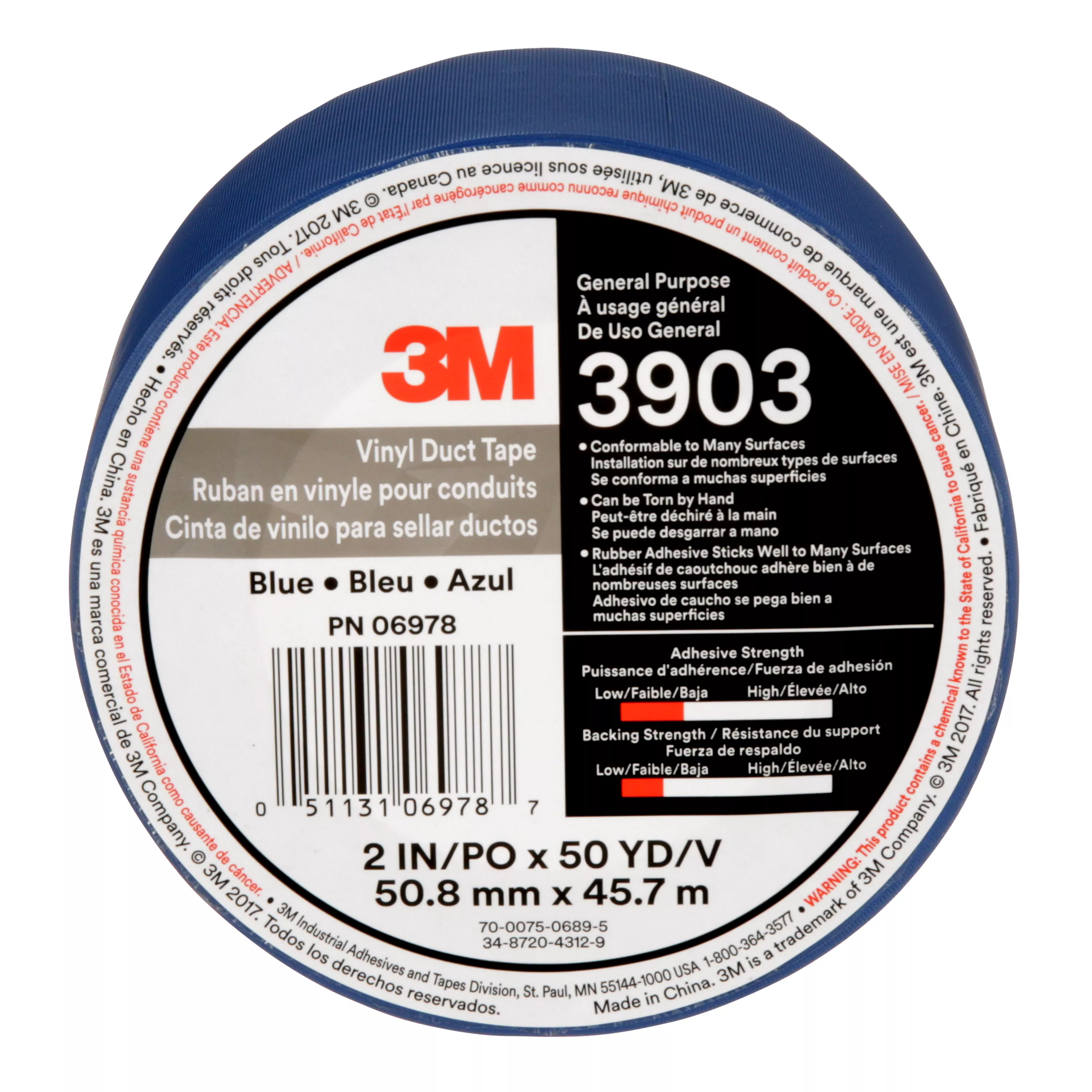 3M™ Vinyl Duct Tape 3903, Blue, 2 in x 50 yd, 6.5 mil, 24/Case,
Individually Wrapped Conveniently Packaged