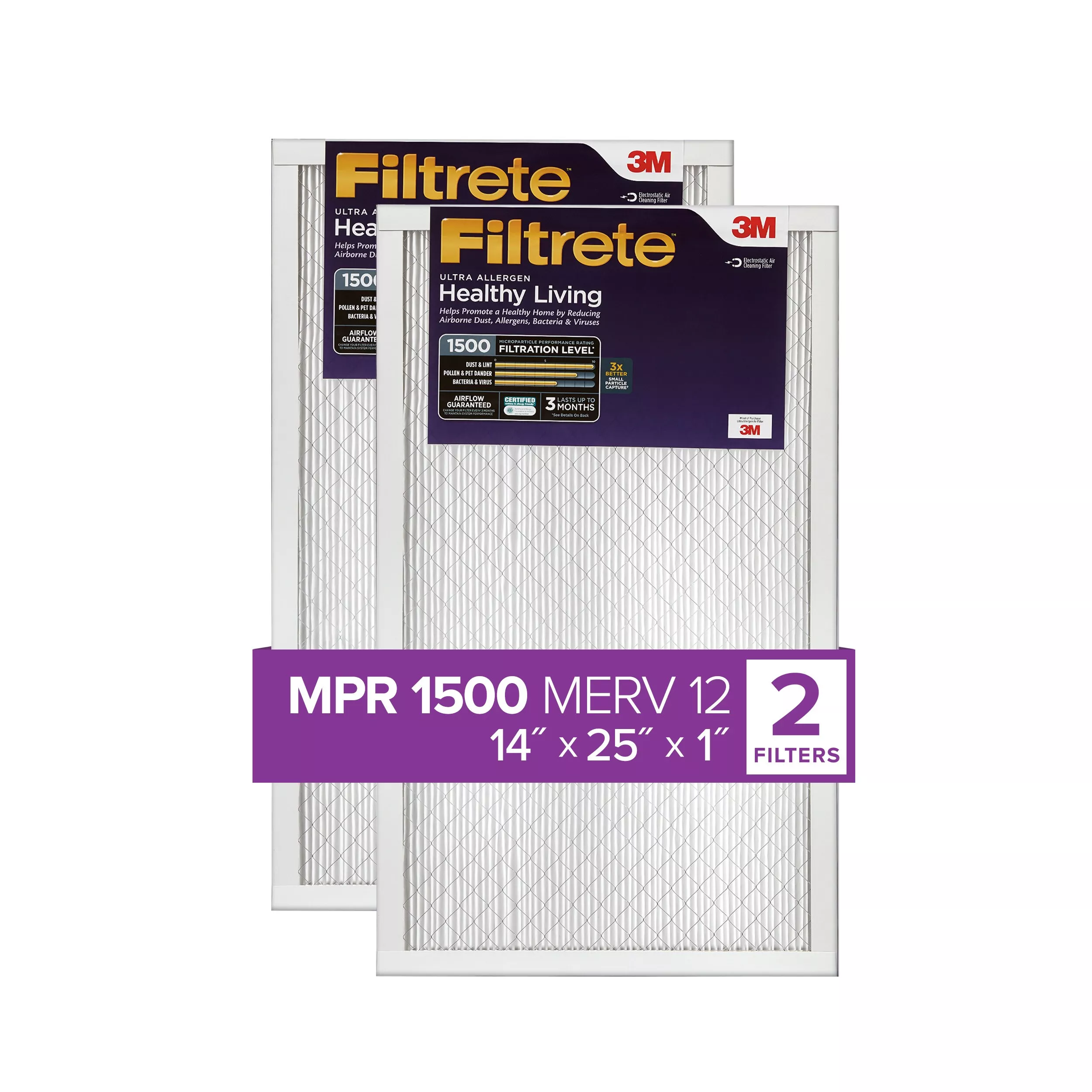 Filtrete™ Ultra Allergen Reduction Filter UR04-2PK-6E-NA, MPR 1500, 14
in x 25 in x 1 in (35.5 cm x 63.5 cm x 2.5 cm), 2/pk