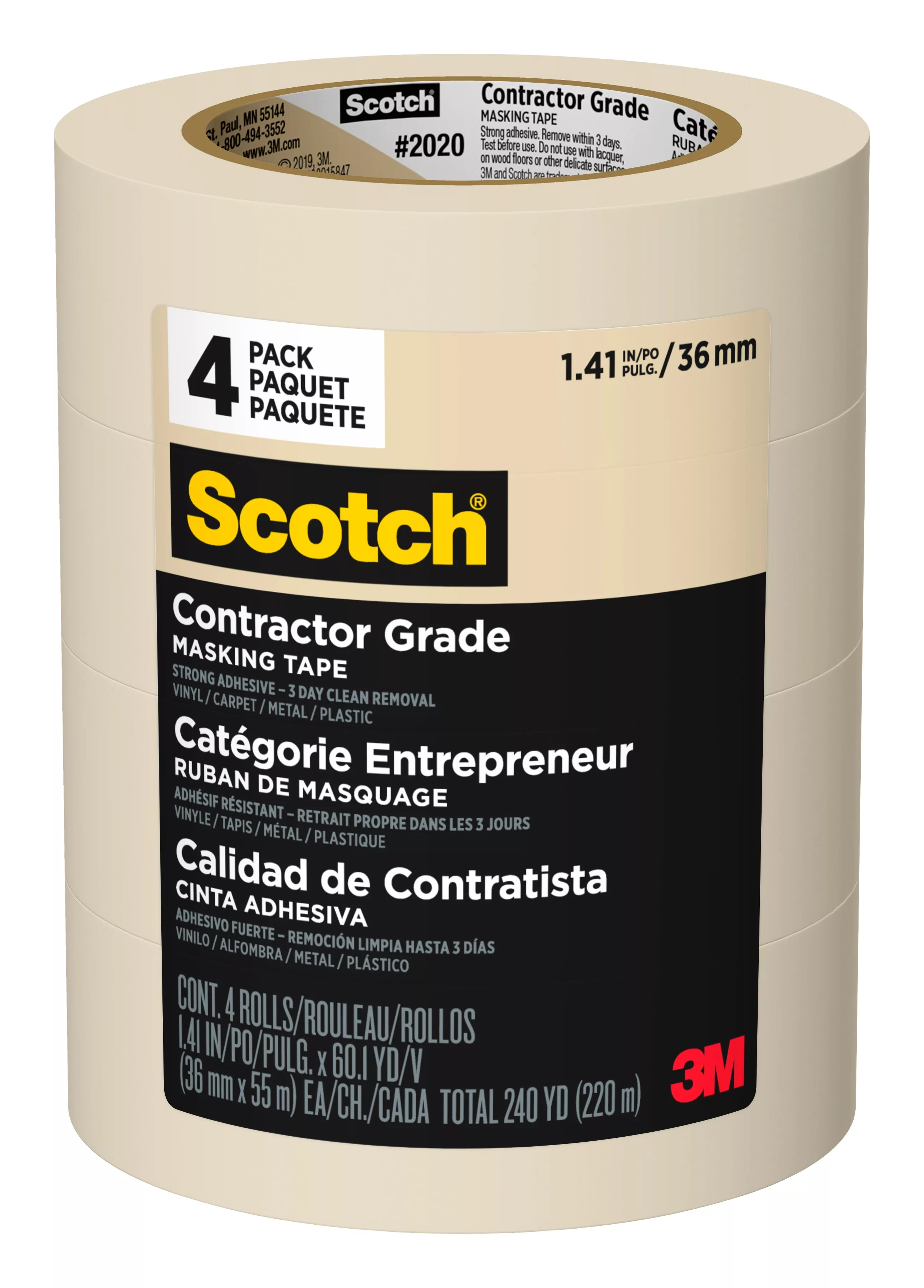 Scotch®Contractor Grade Masking Tape 2020-36EP4, 1.41 in x 60.1 yd (36mm
x 55m), 4 rolls/pack