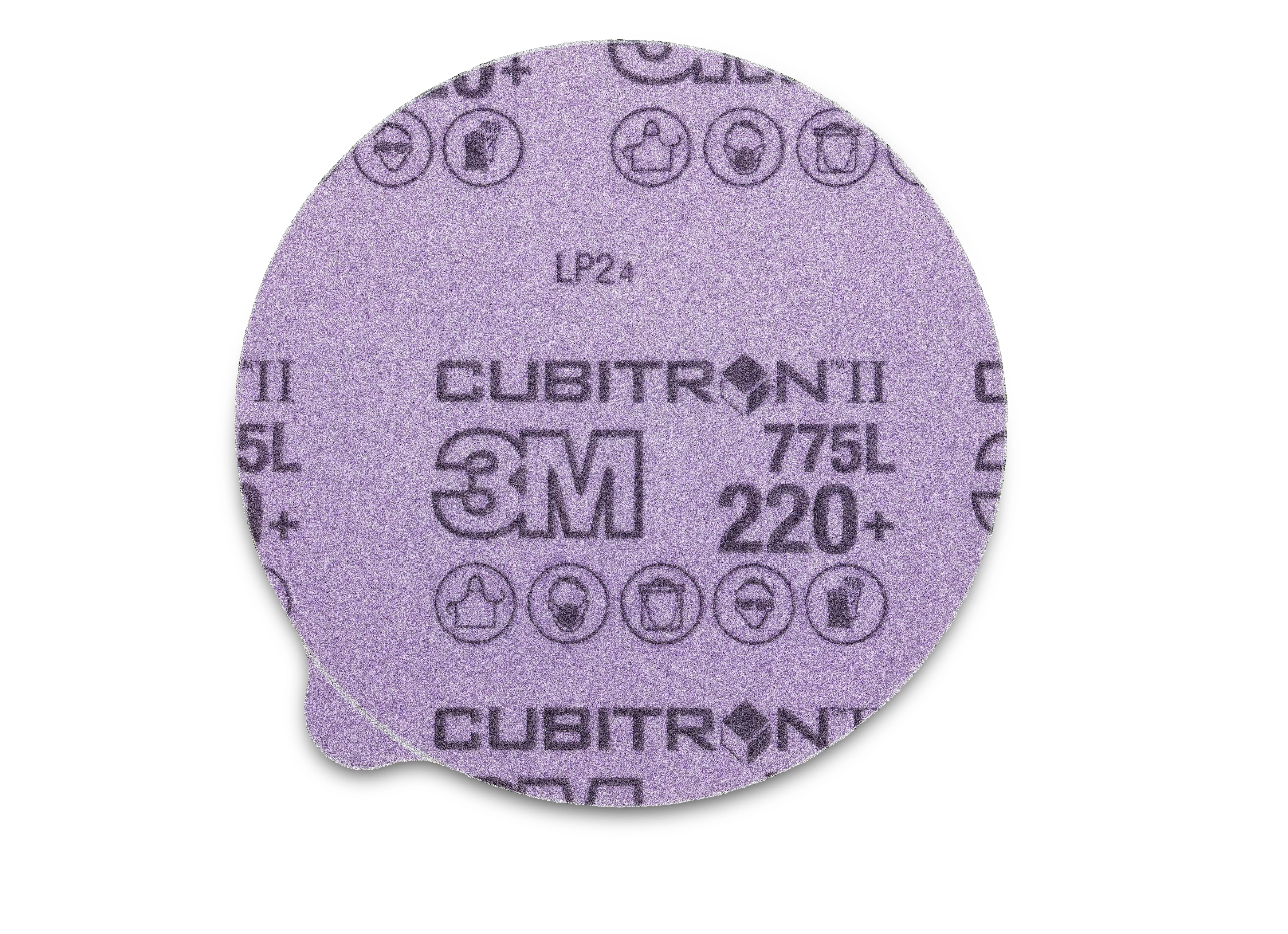 3M™ Cubitron™ II Stikit™ Film Disc 775L, 220+, 6 in x NH, Linered w/Tab,
Die 600Z, 50/Carton, 250 ea/Case