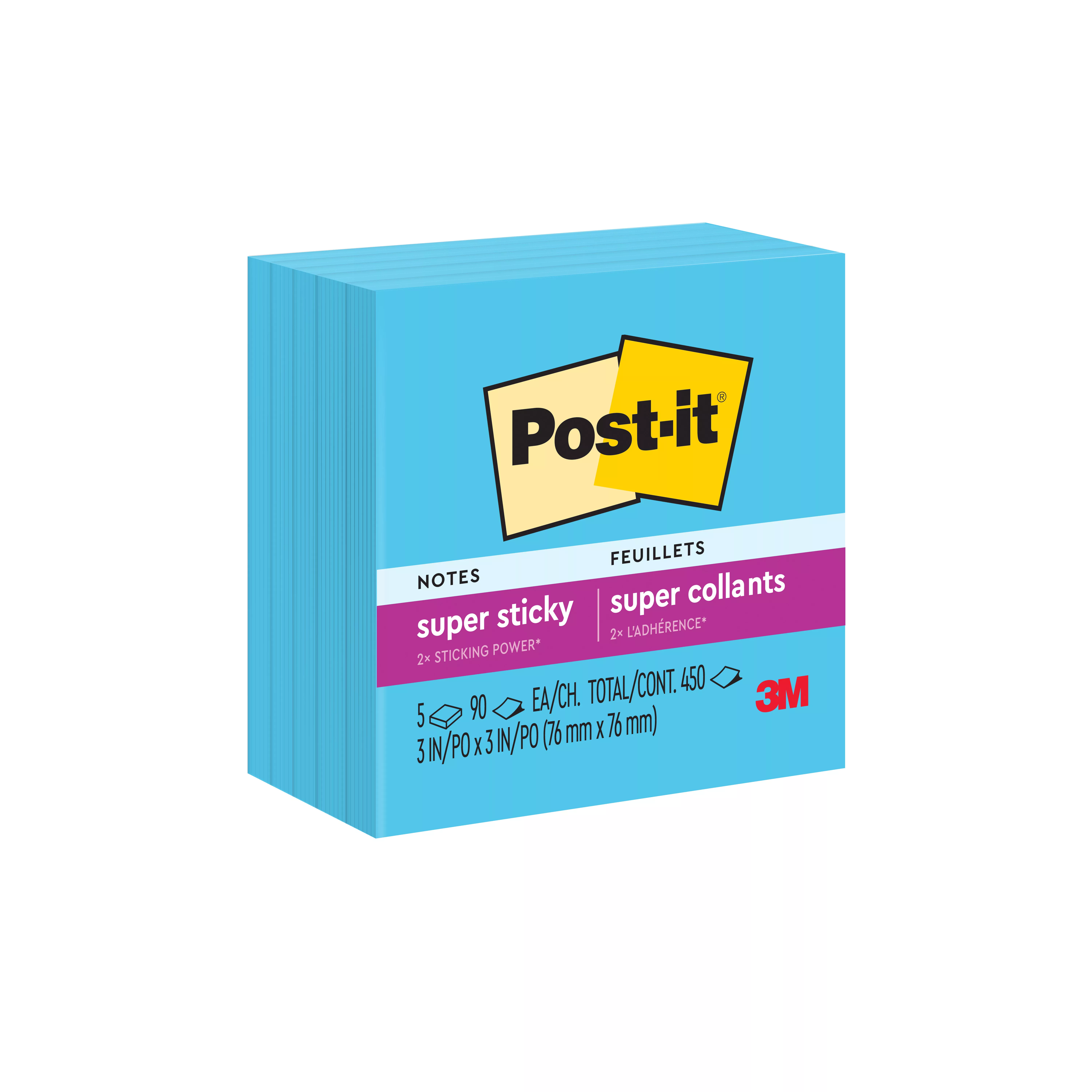 Post-it® Super Sticky Notes 654-5SSBE, 3 in x 3 in (76 mm x 76 mm), Electric Blue