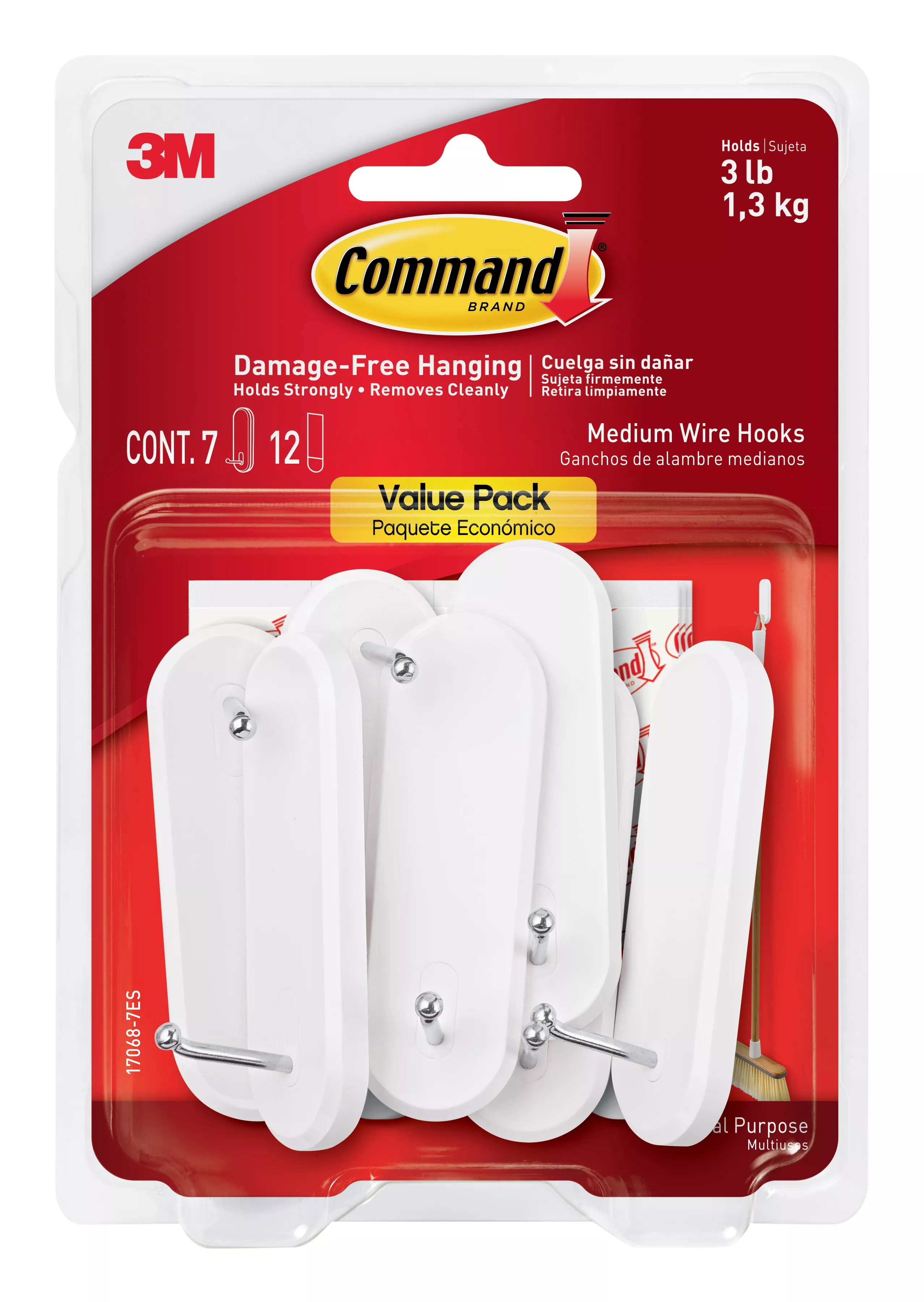 Command™ Medium Wire Hooks, Value Pack 7 hooks, 12 strips, 17068-7ES.