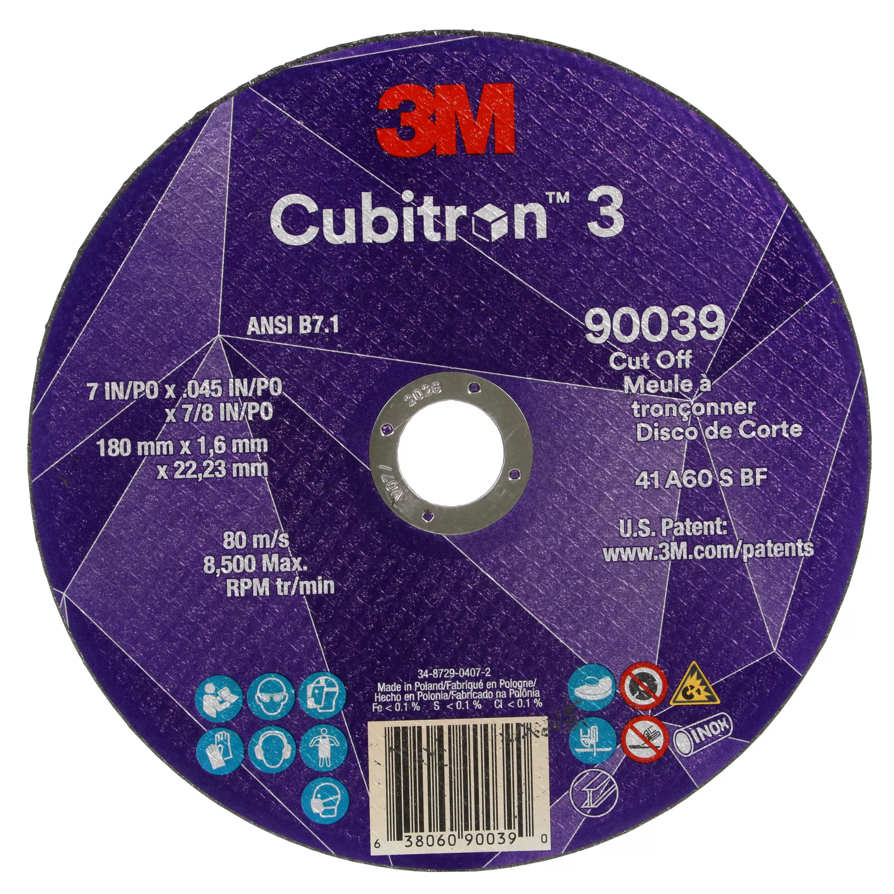 3M™ Cubitron™ 3 Cut-Off Wheel, 90039, 60+, T1, 7 in x 0.45 in x 7/8 in(180 x 1.6 x 22.23 mm), ANSI, 25/Pack, 50 ea/Case