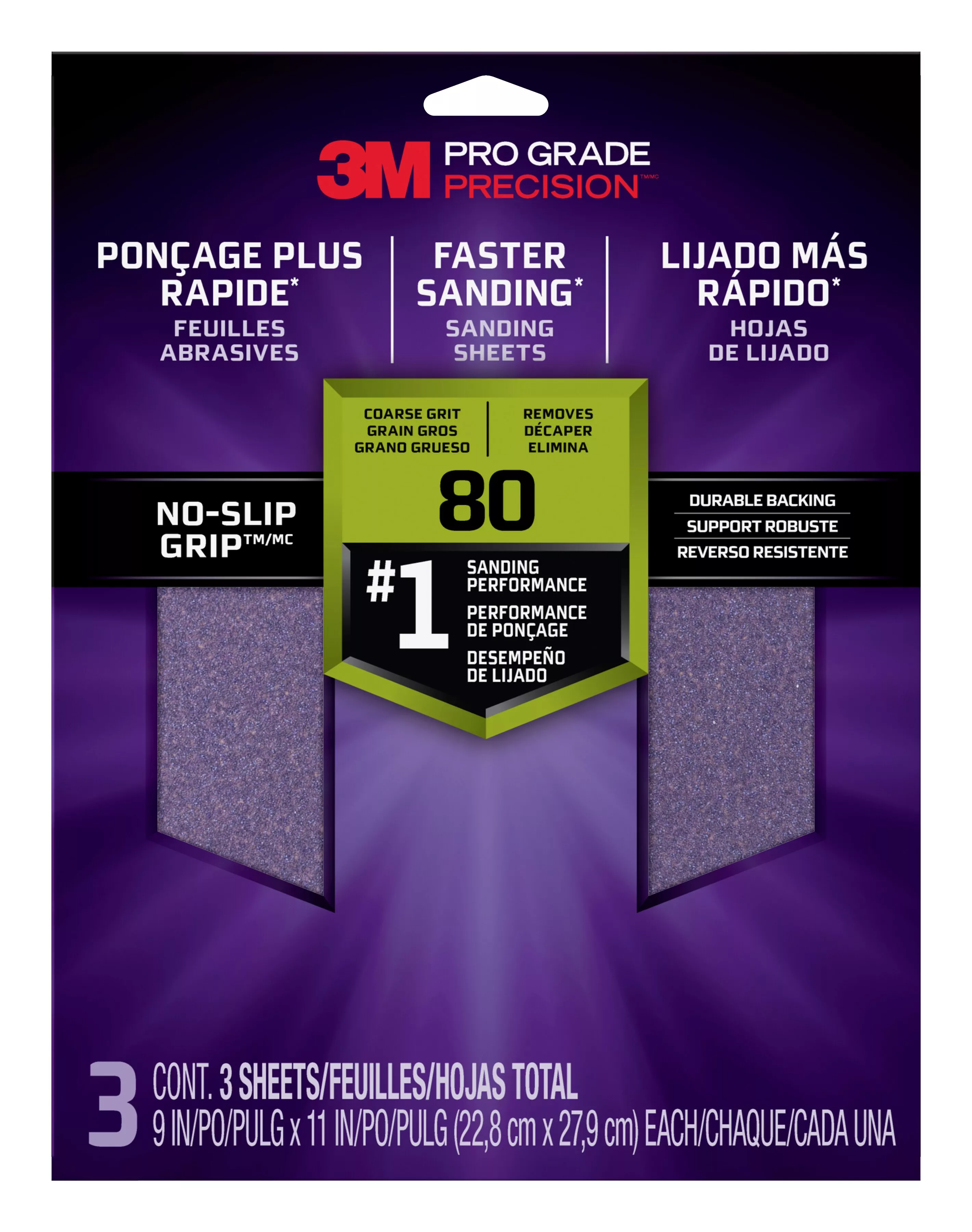 3M™ Pro Grade Precision™ Faster Sanding Sanding Sheets 80 grit Coarse,
26080TRI-3, 9 in x 11 in, 3/pk