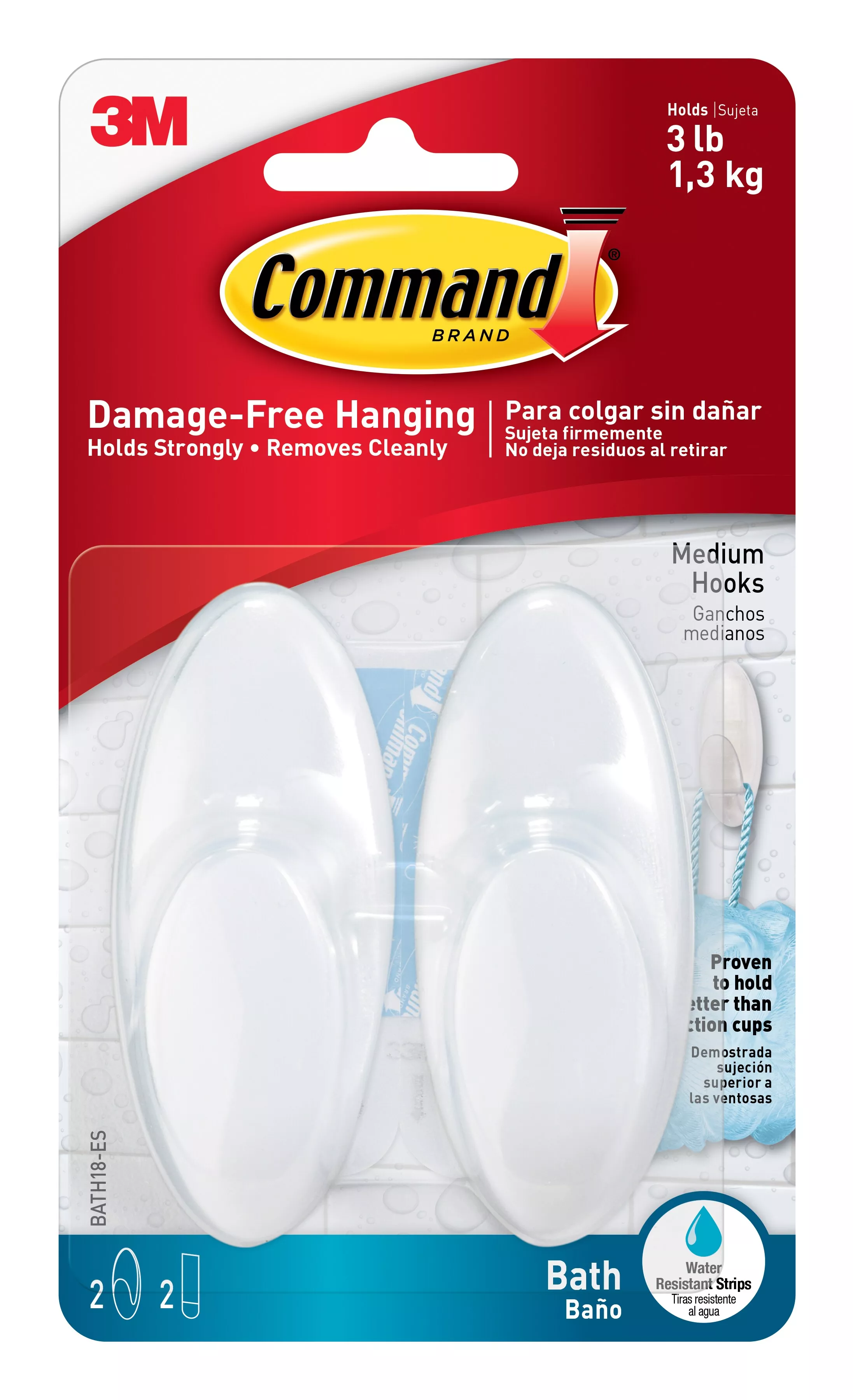 Command™ Medium Bath Hooks with Water-Resistant Strips BATH18-ES