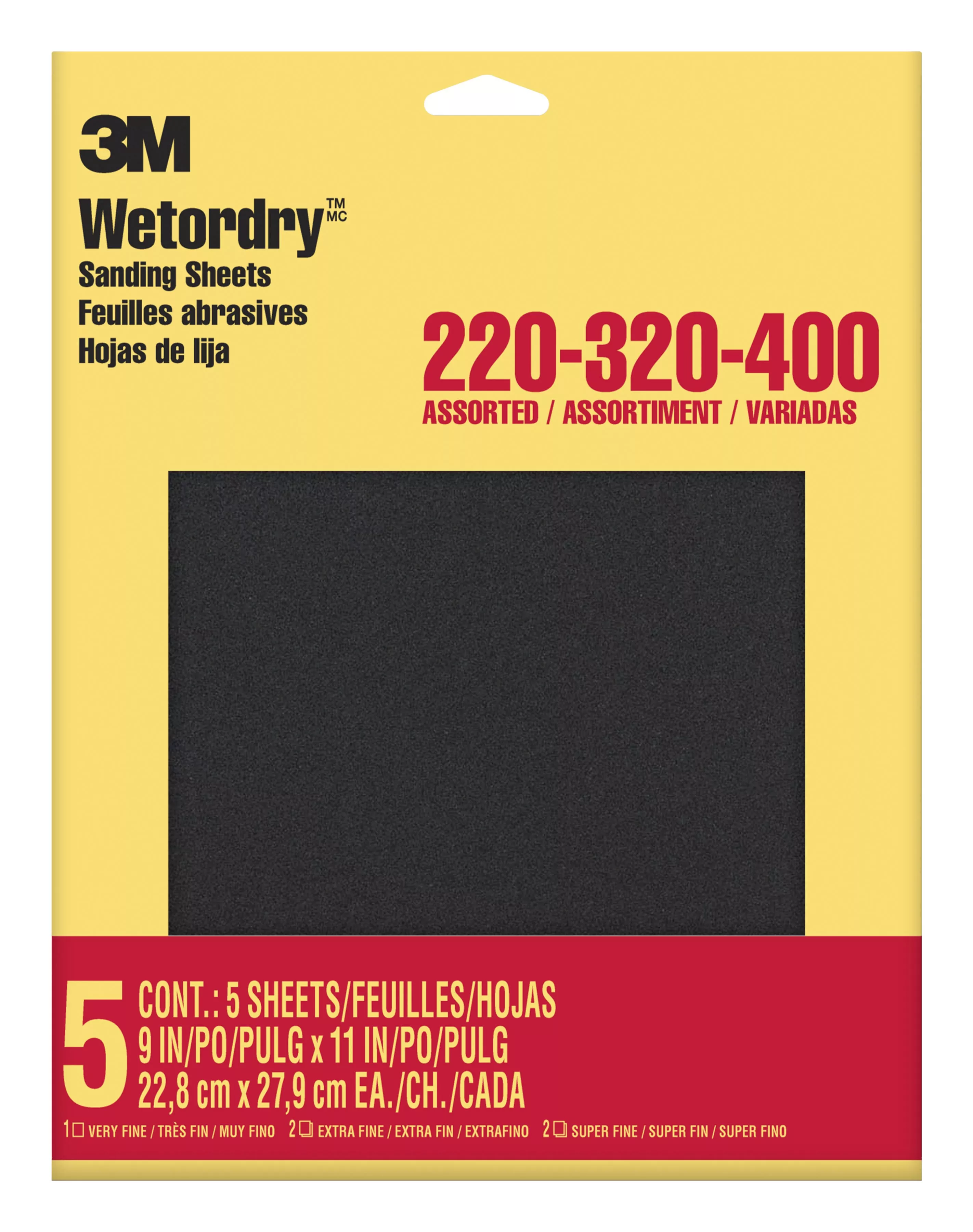 3M™ Wetordry™ Sandpaper 9088DC-NA, 9 in x 11 in, Assorted grit, 5 sht pk