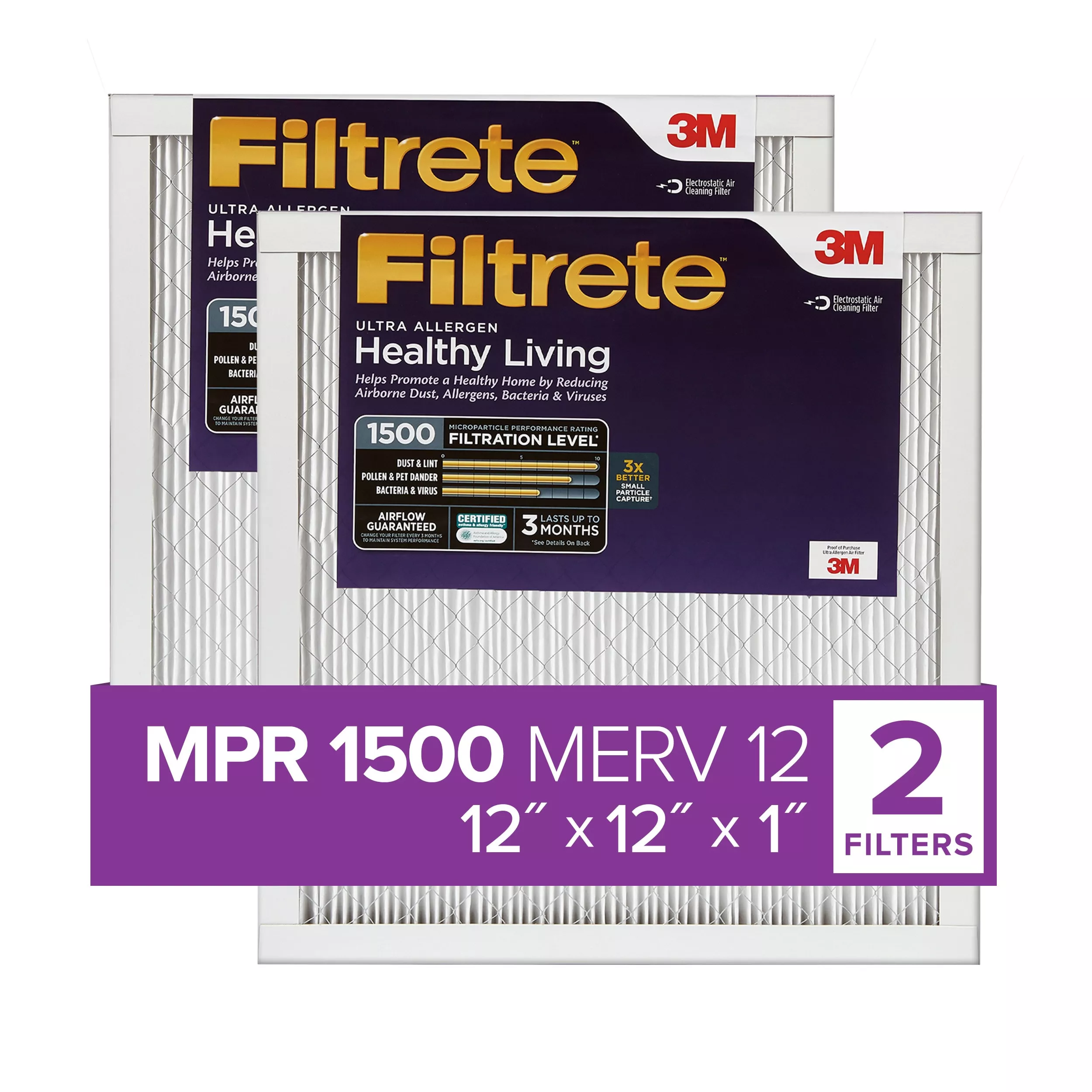 Filtrete™ Ultra Allergen Reduction Filter UR10-2PK-1E, 12 in x 12 in x 1 in (30.4 cm x 30.4 cm x 2.5 cm)