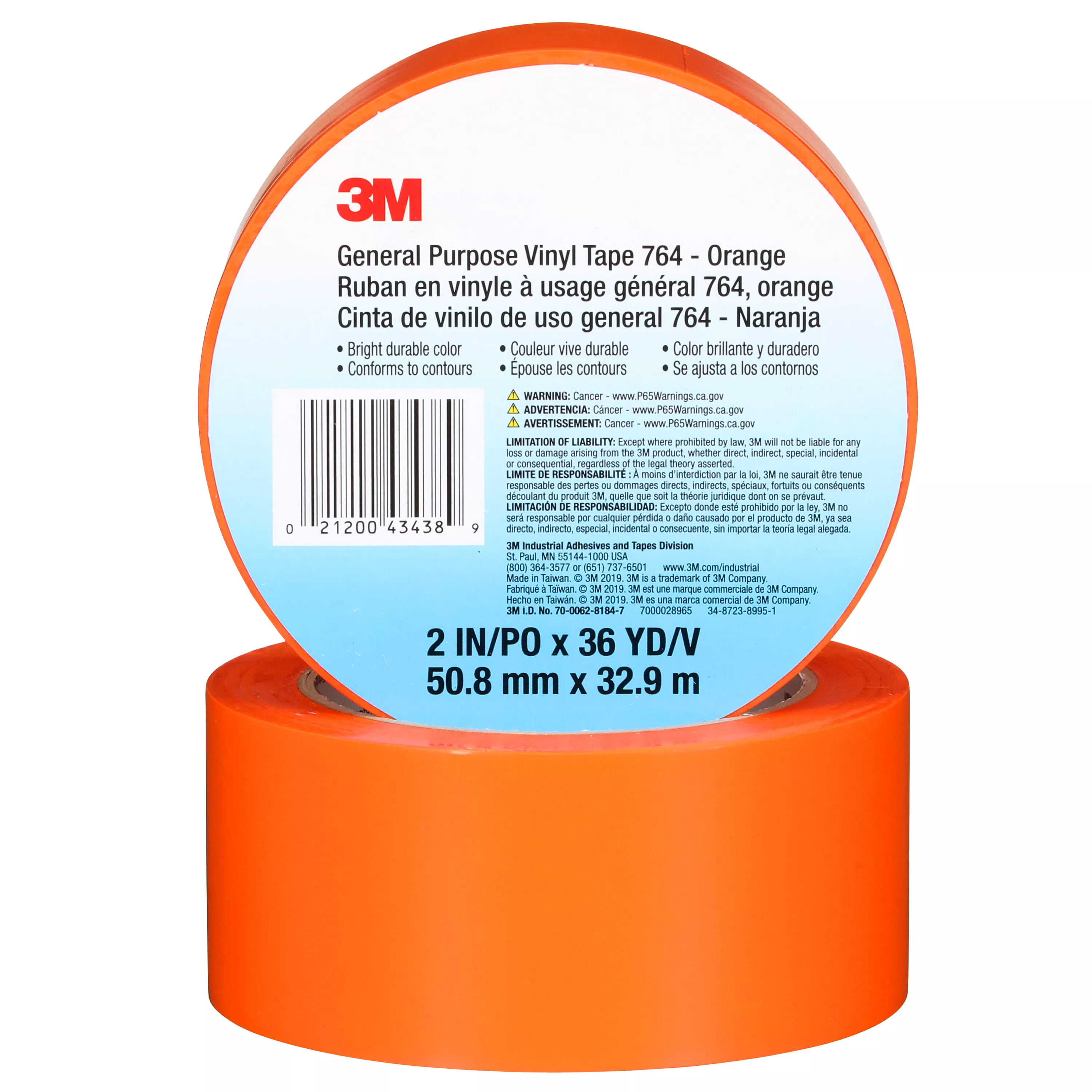 3M™ General Purpose Vinyl Tape 764, Orange, 2 in x 36 yd, 5 mil, 24 Roll/Case, Individually Wrapped Conveniently Packaged