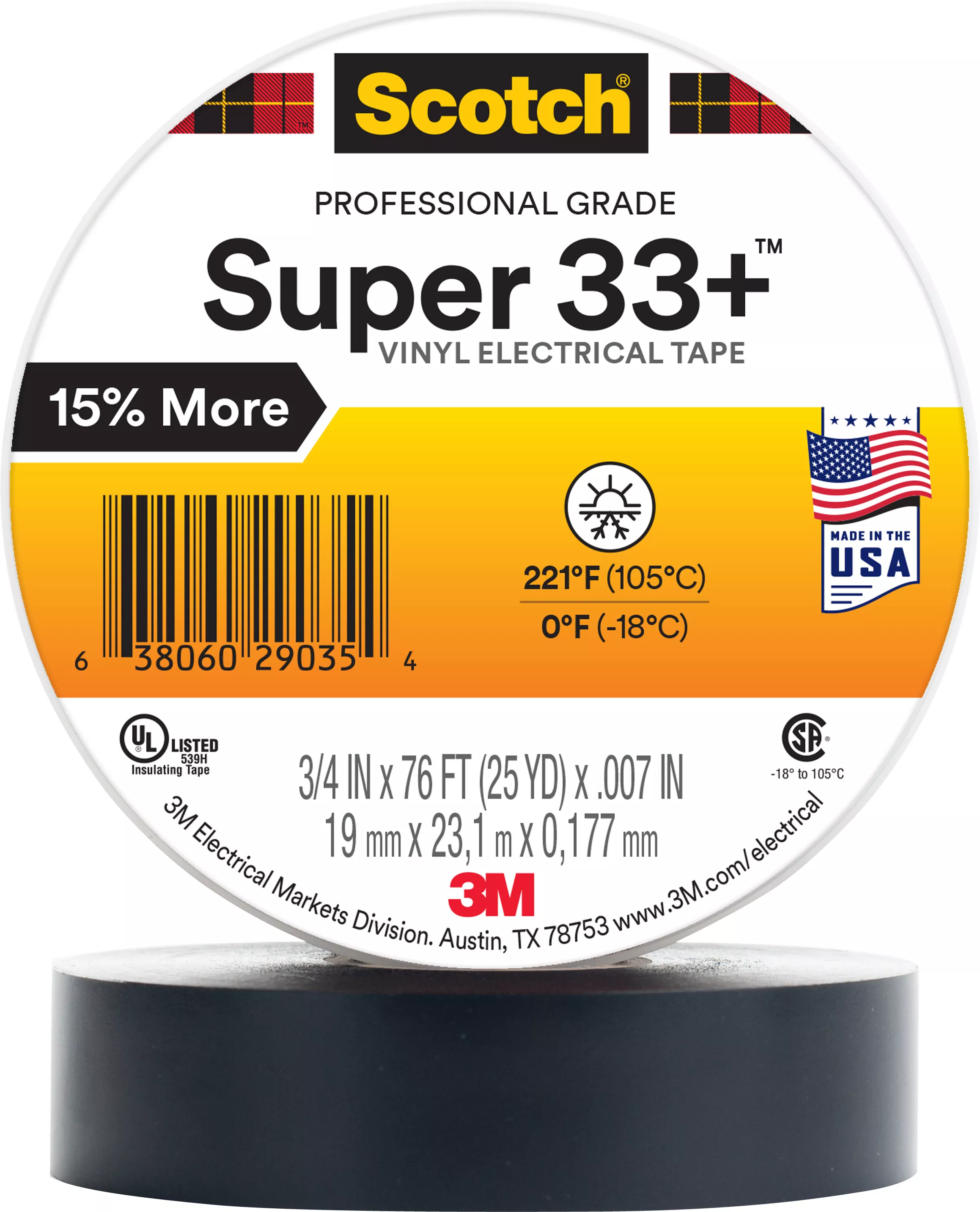 Scotch® Super 33+ Vinyl Electrical Tape, 2 in X 36 yd, 1 in Core, Black,
1 roll/carton, 25 rolls/Case