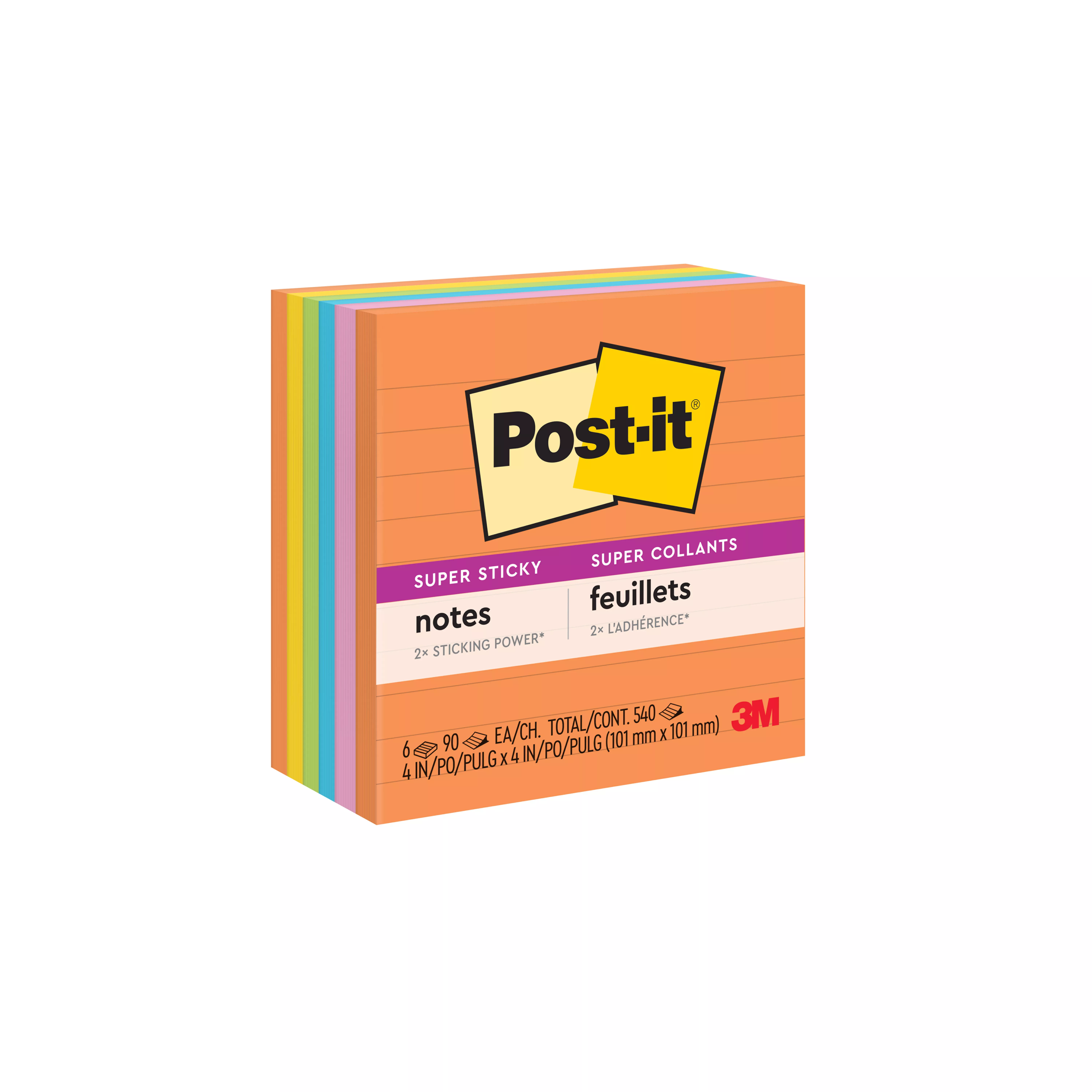 Post-it® Super Sticky Notes 675-6SSUC, 4 in x 4 in (101 mm x 101 mm), Energy Boost Collection, Lined, 6 Pads/Pack
