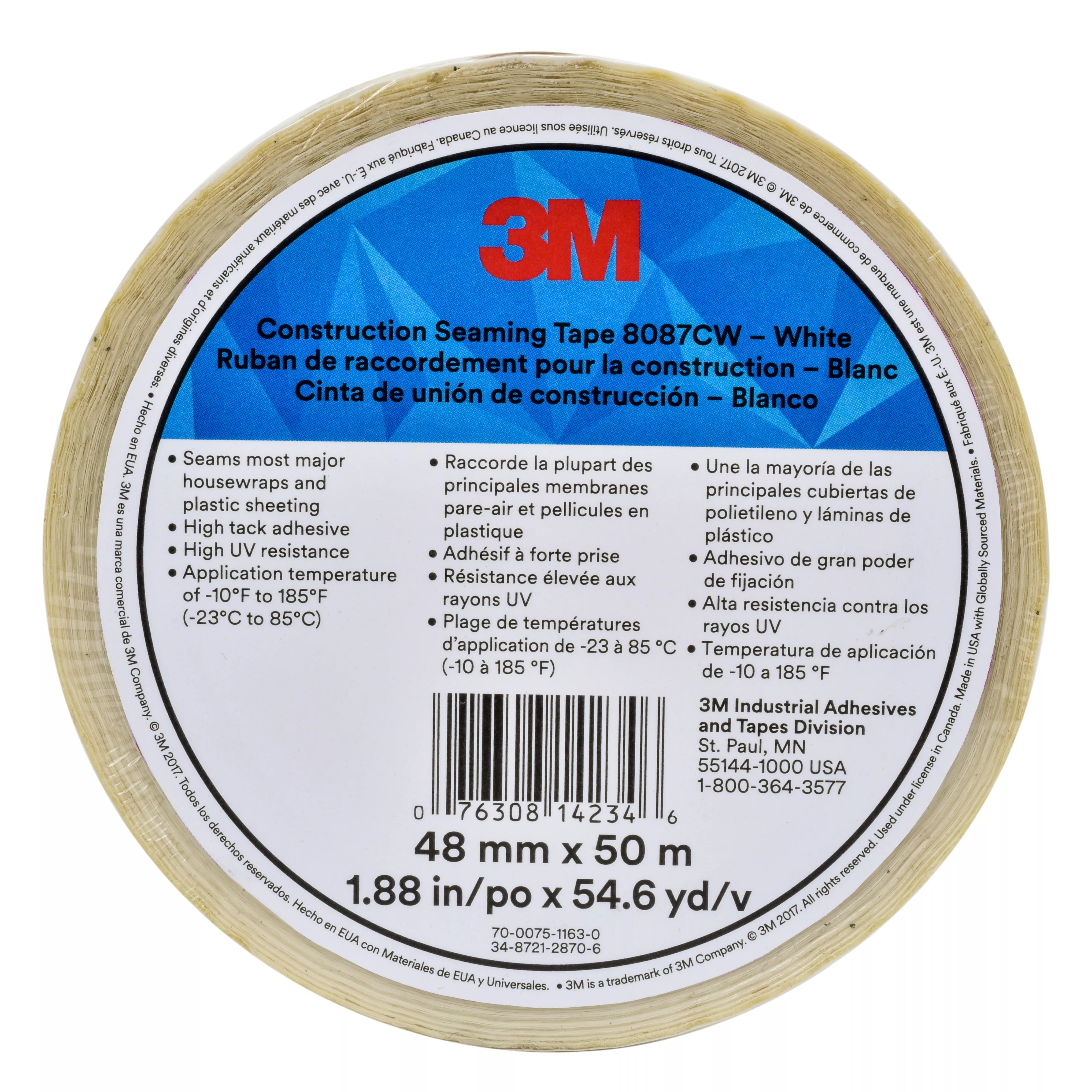 3M™ Construction Seaming Tape, 8087CW, White, 48 mm x 50 m, 24 Roll/Case