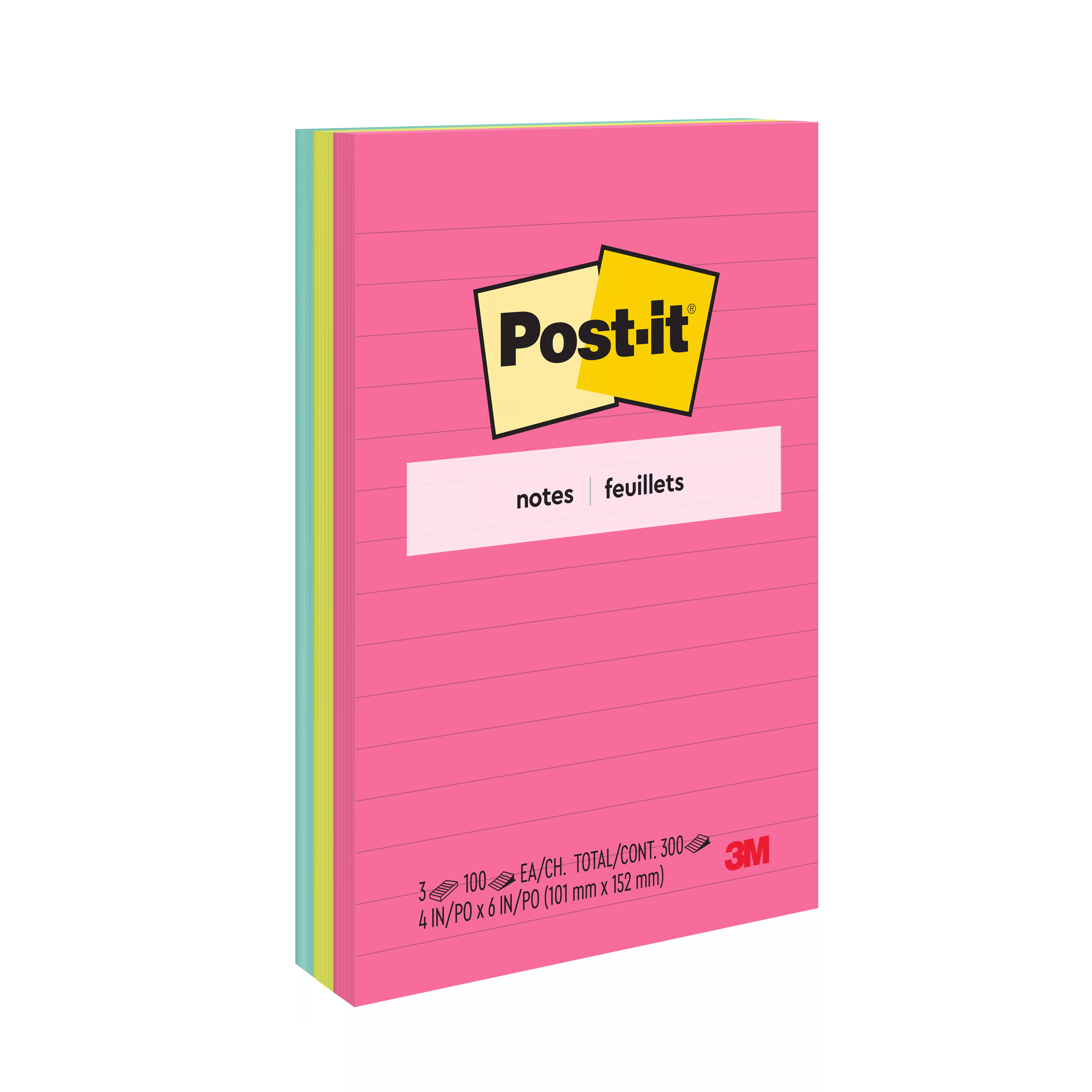 Post-it® Notes 660-3AN, 4 in x 6 in (101 mm x 152 mm), Poptimistic Collection, Lined, 3 Pads/Pack