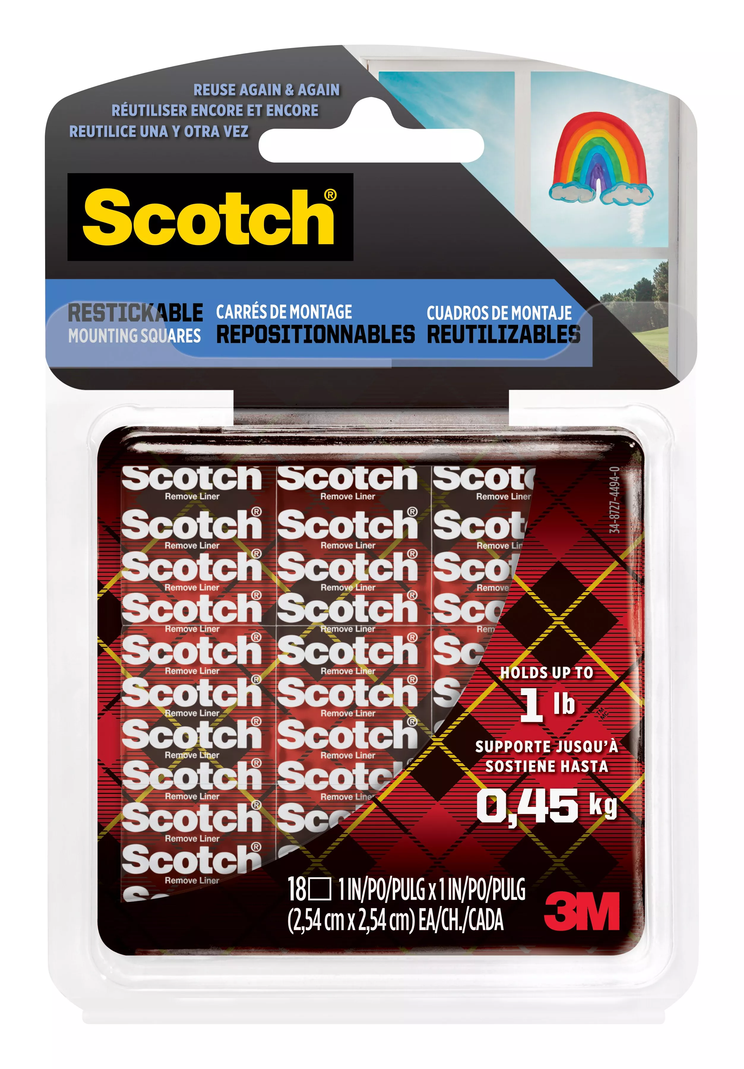 Scotch® Restickable Mounting Squares R100S-ESF, 1 in x 1 in (2.54 cm x 2.54 cm) 18/pk